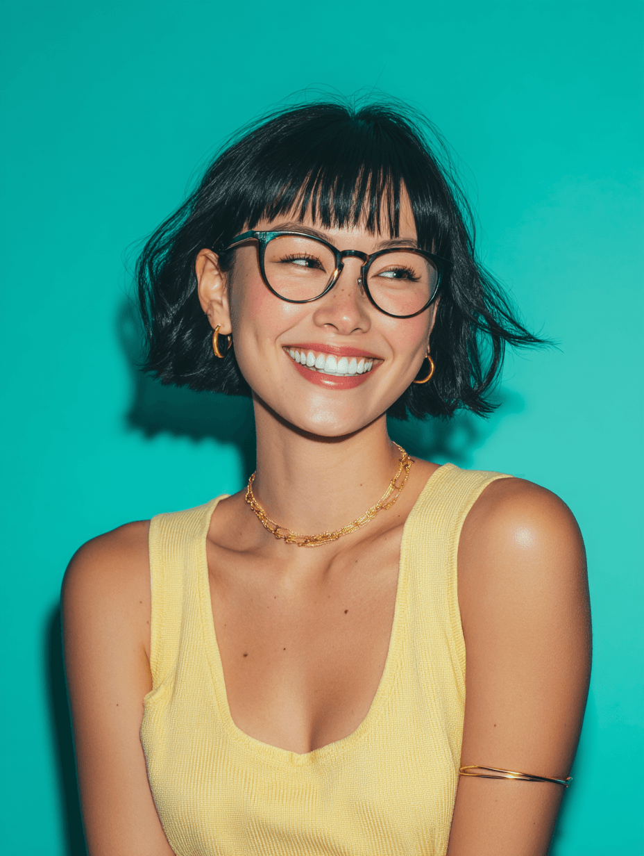 Asian woman smiling with teal background