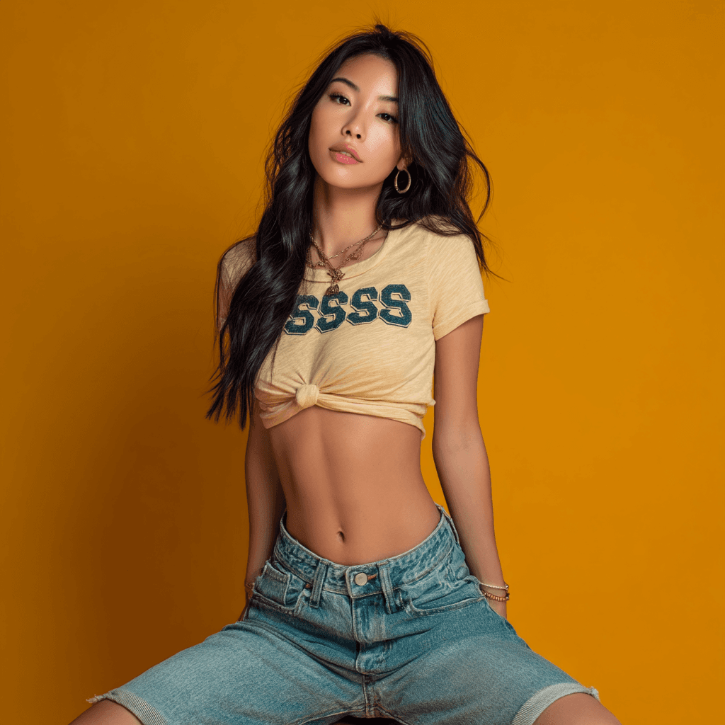 Asian woman in yellow top with gold background