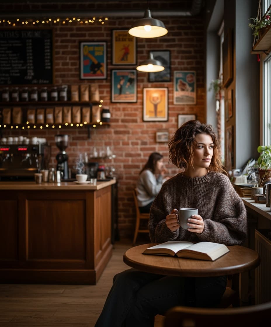 Setting change from indoor to outdoor coffee shop, while maintaining the exact same vibe and character and clothing - After transformation