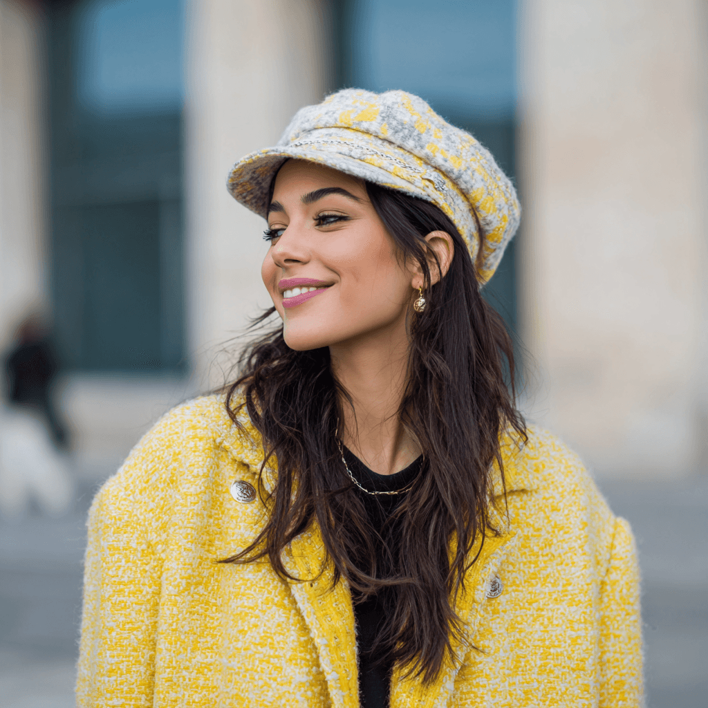 Model with yellow top and gold background