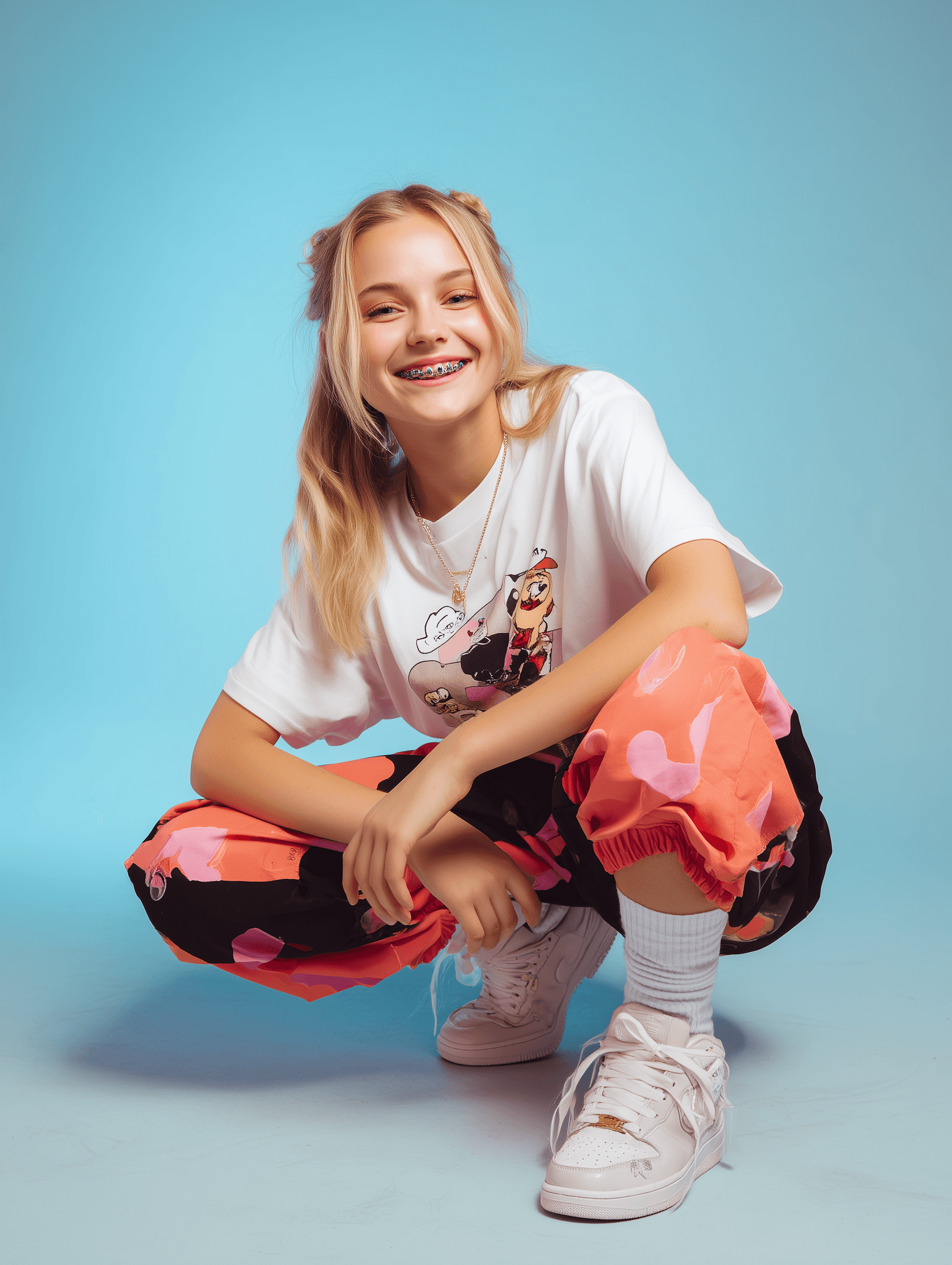 Blonde teen girl with blue background