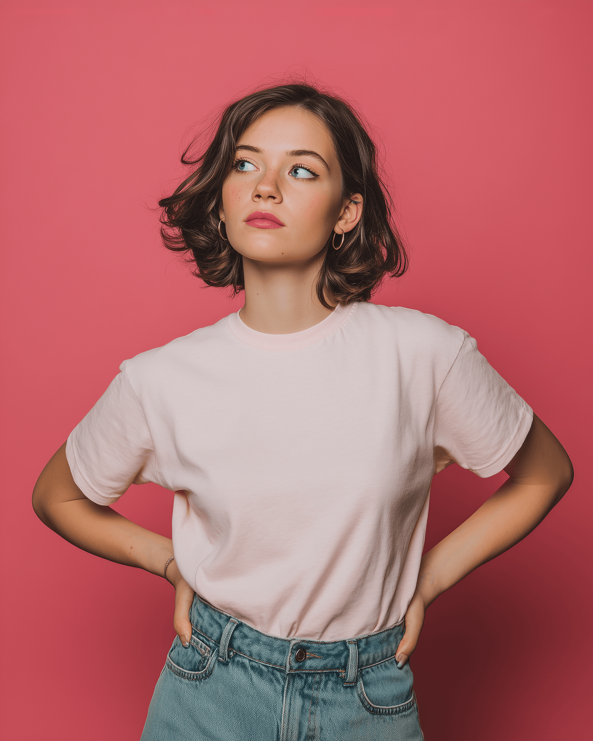 Confident woman looking away with pink background