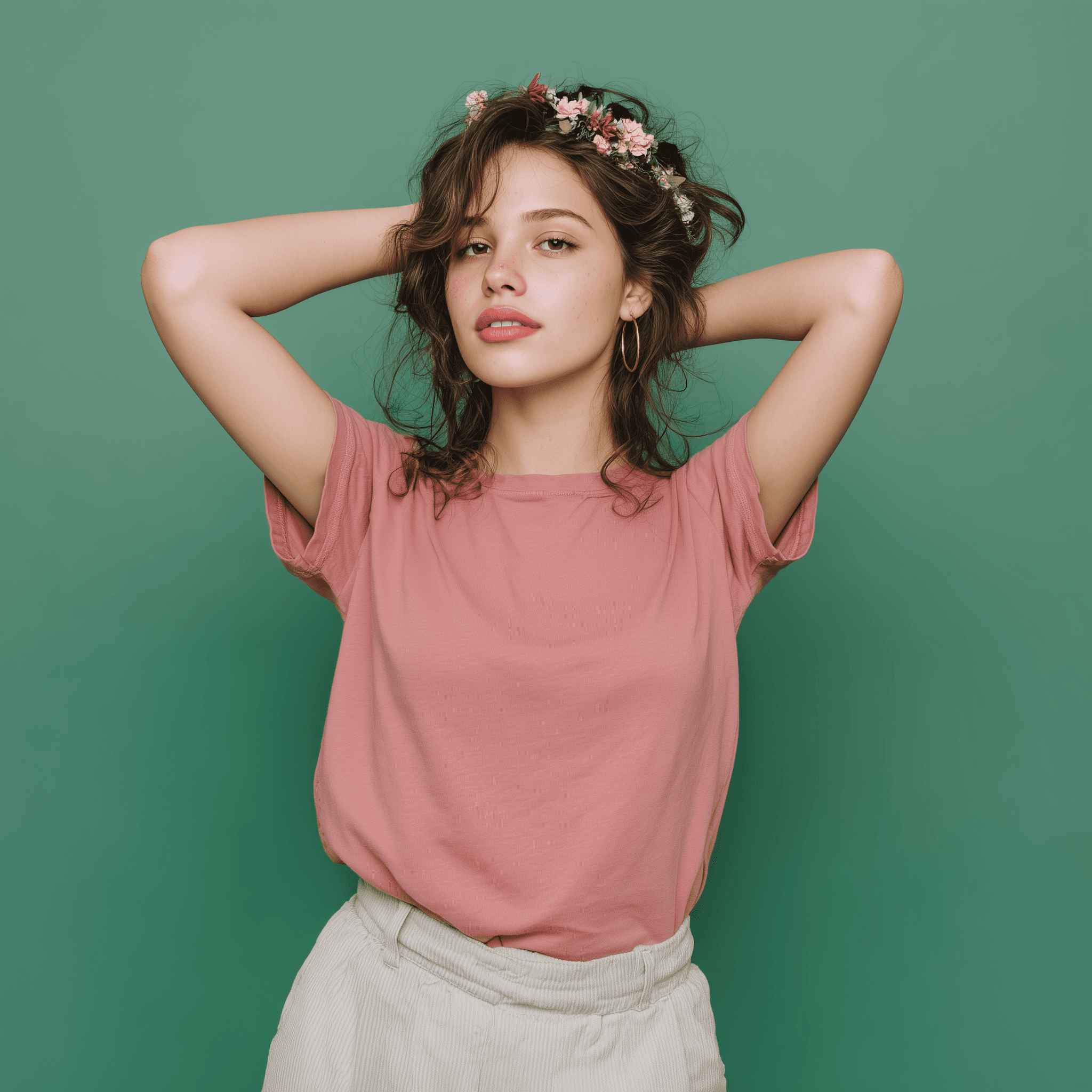 Person raising arms with green background