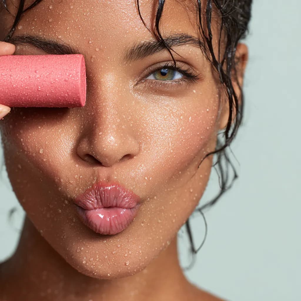AI-generated close-up of a woman holding a skincare product, demonstrating canvas reframing