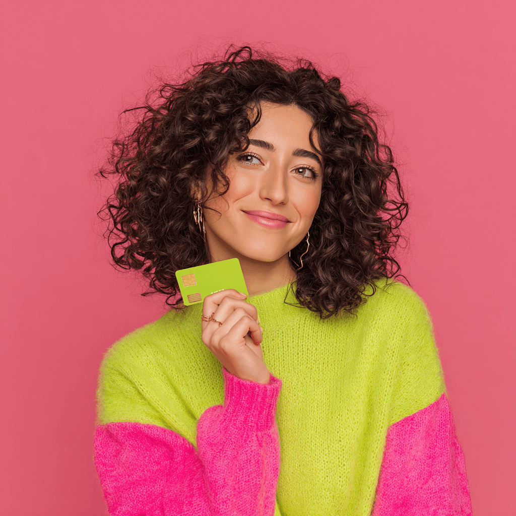 Person in lime green top with curly hair holding card