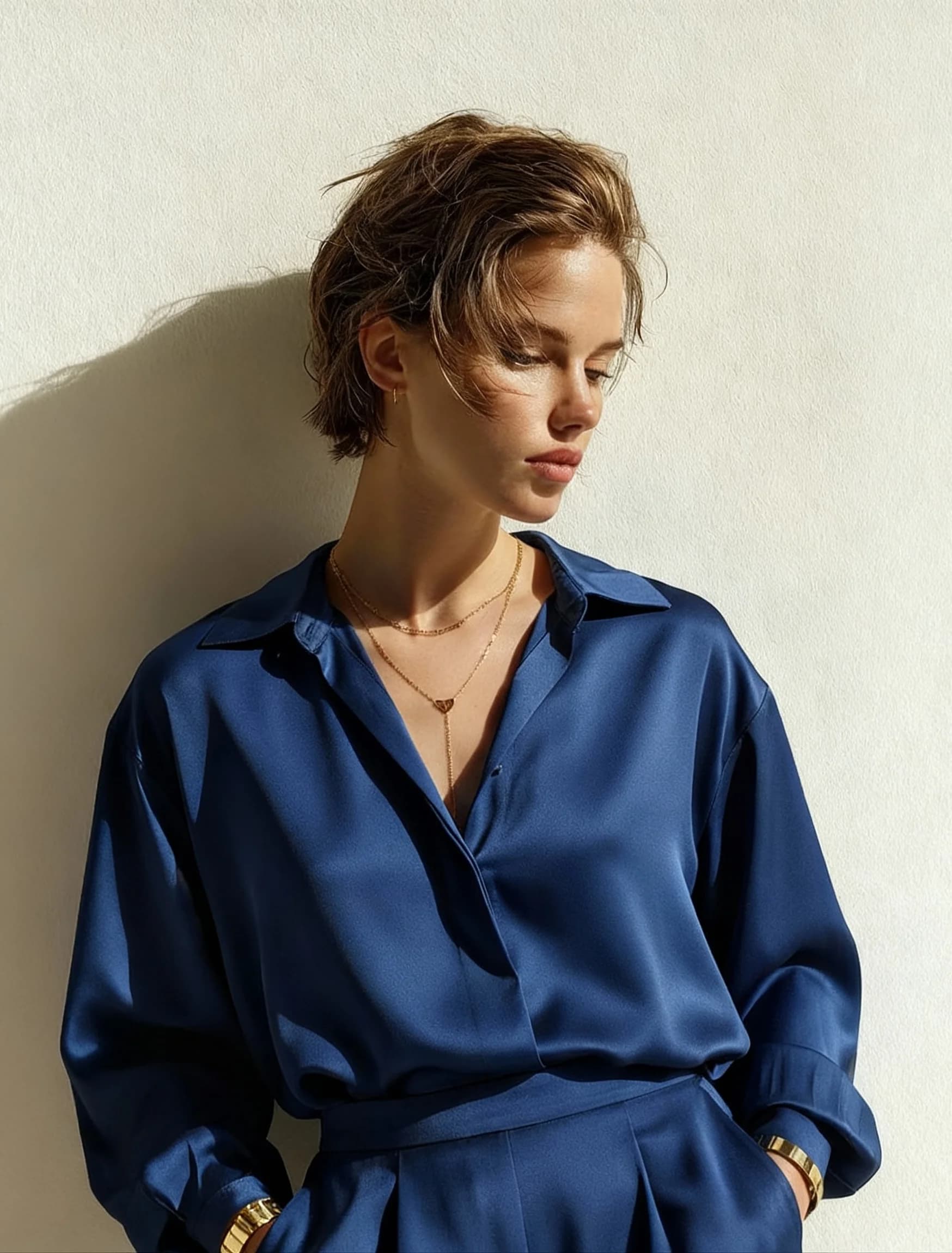 AI-generated product photography of a professional model posing against a wall