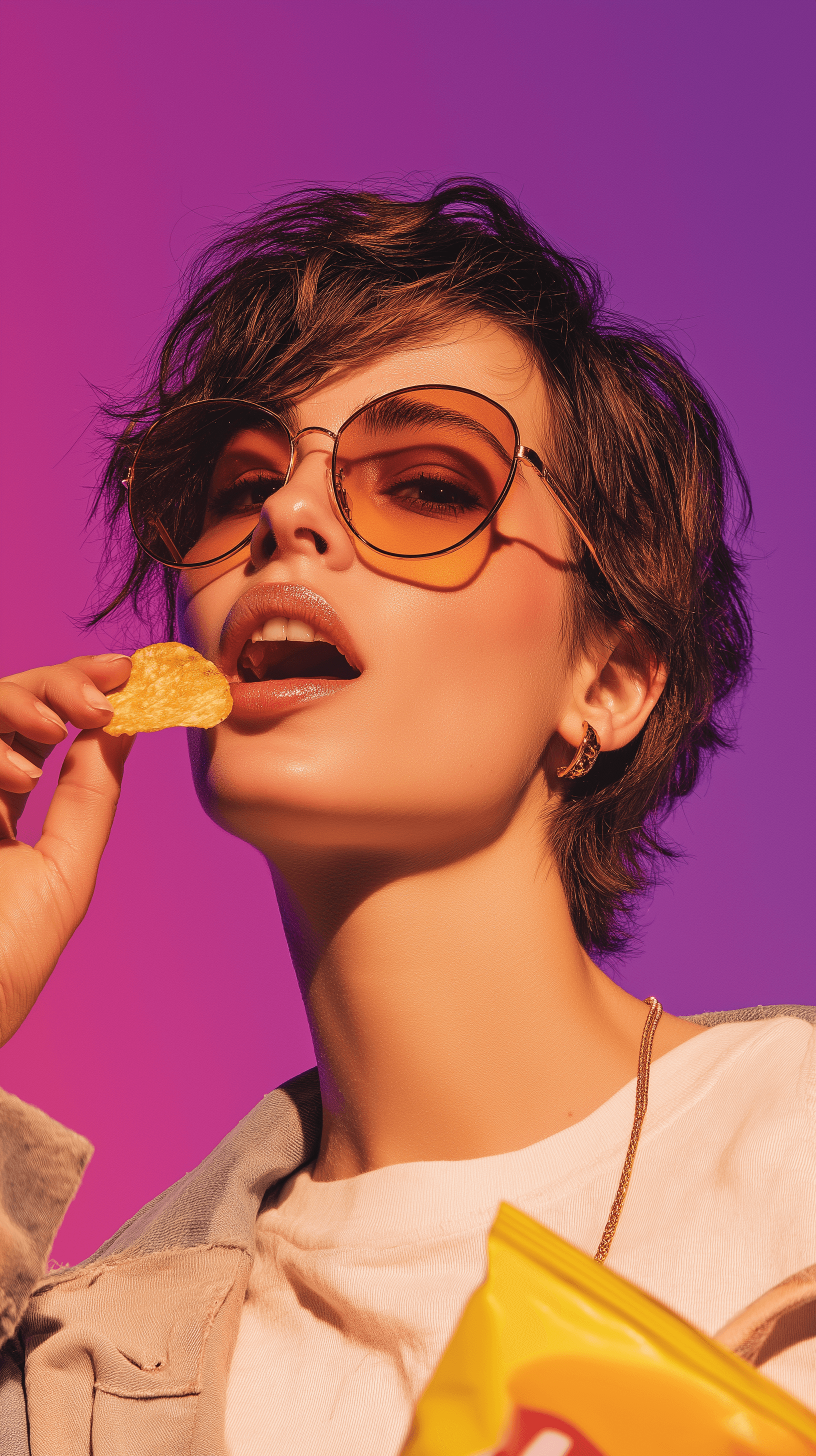 Person with orange sunglasses eating chips on pink background