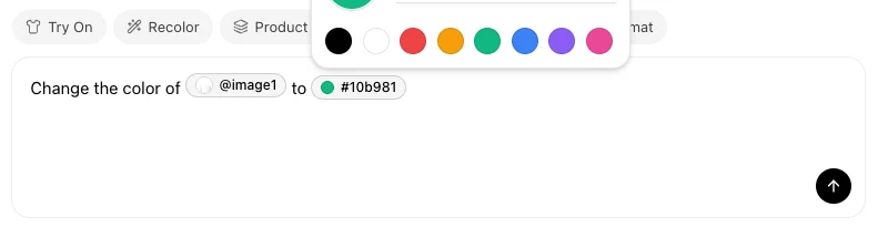 Nightjar Edit prompt with a selected image reference and selected color swatch for a recolor instruction