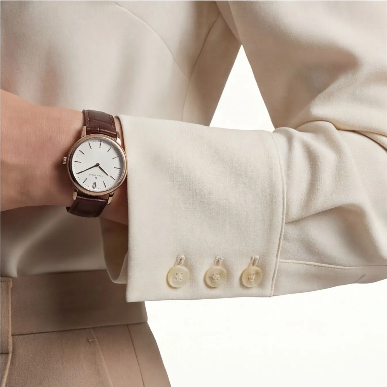 Silk neck scarf on a model in cream blouse, consistent catalog styling