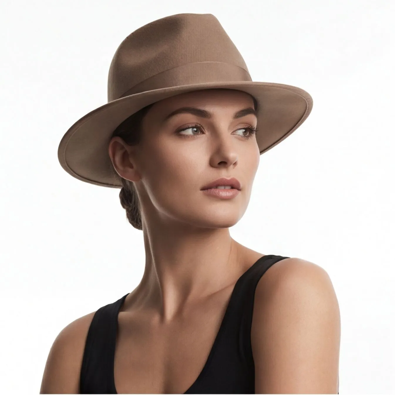 Taupe fedora hat with model looking down, consistent catalog styling
