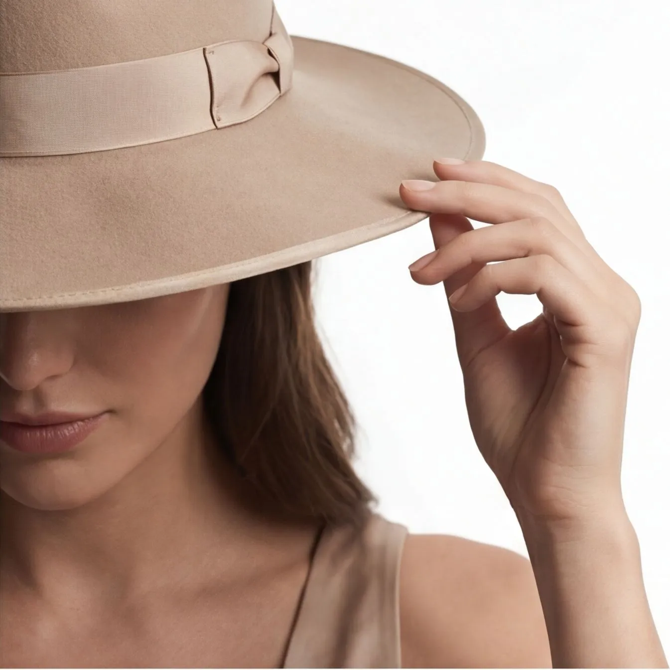 Cream fedora hat with ribbon, model tipping brim, consistent catalog styling