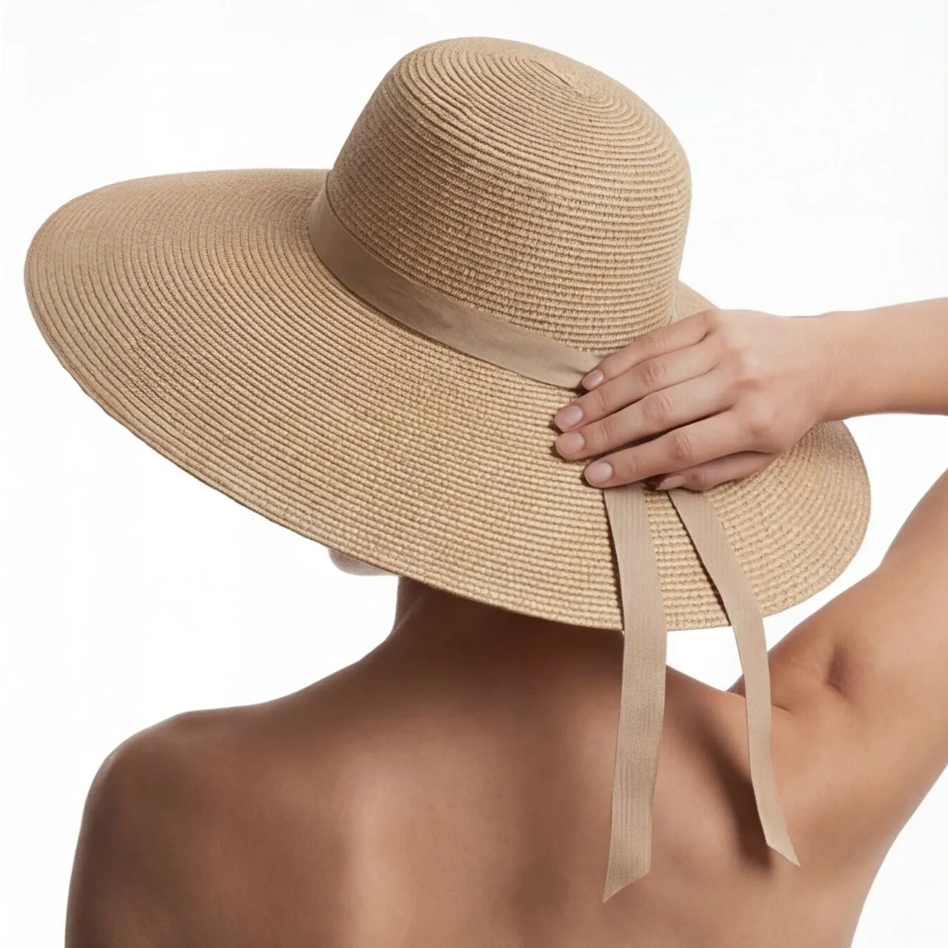 Wide-brim straw sun hat seen from behind, consistent catalog styling