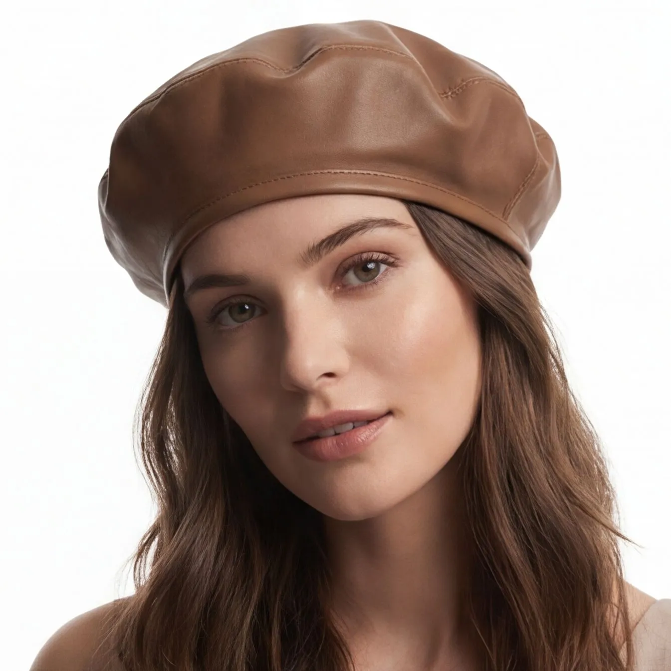 Tan leather beret on a model with wavy hair, consistent catalog styling
