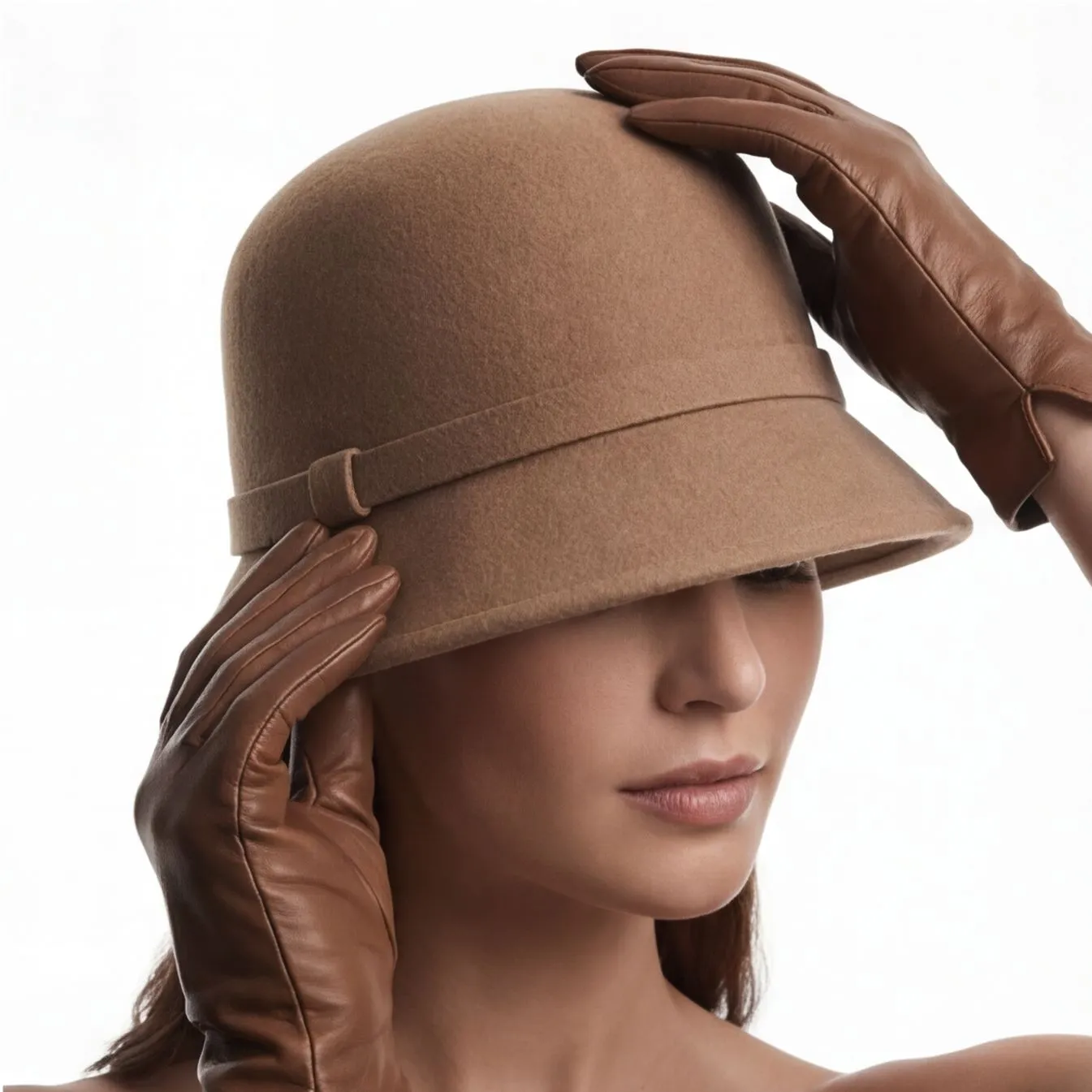 Camel wool cloche hat with leather gloves, consistent catalog styling