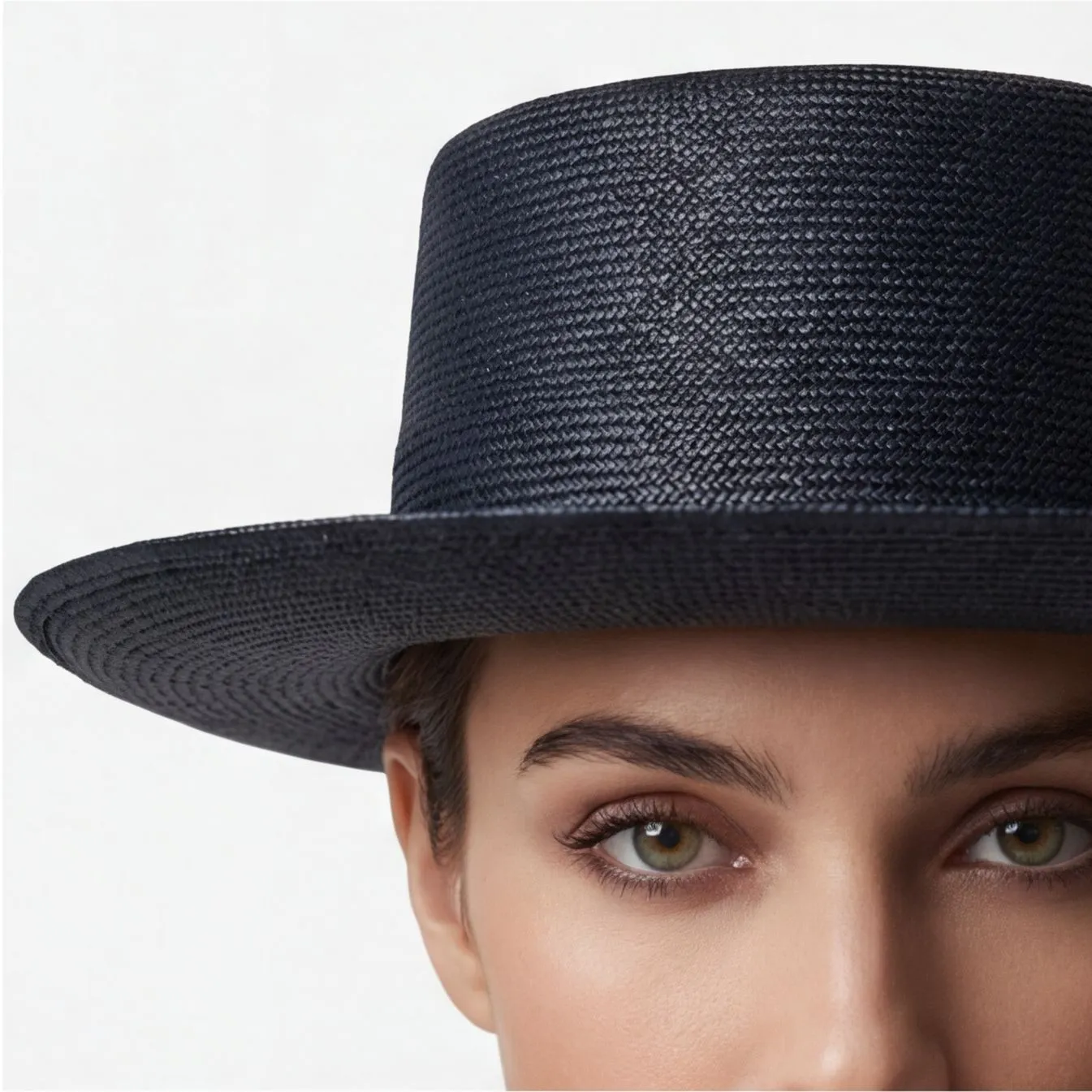 Navy straw boater hat close-up on a model, consistent catalog styling