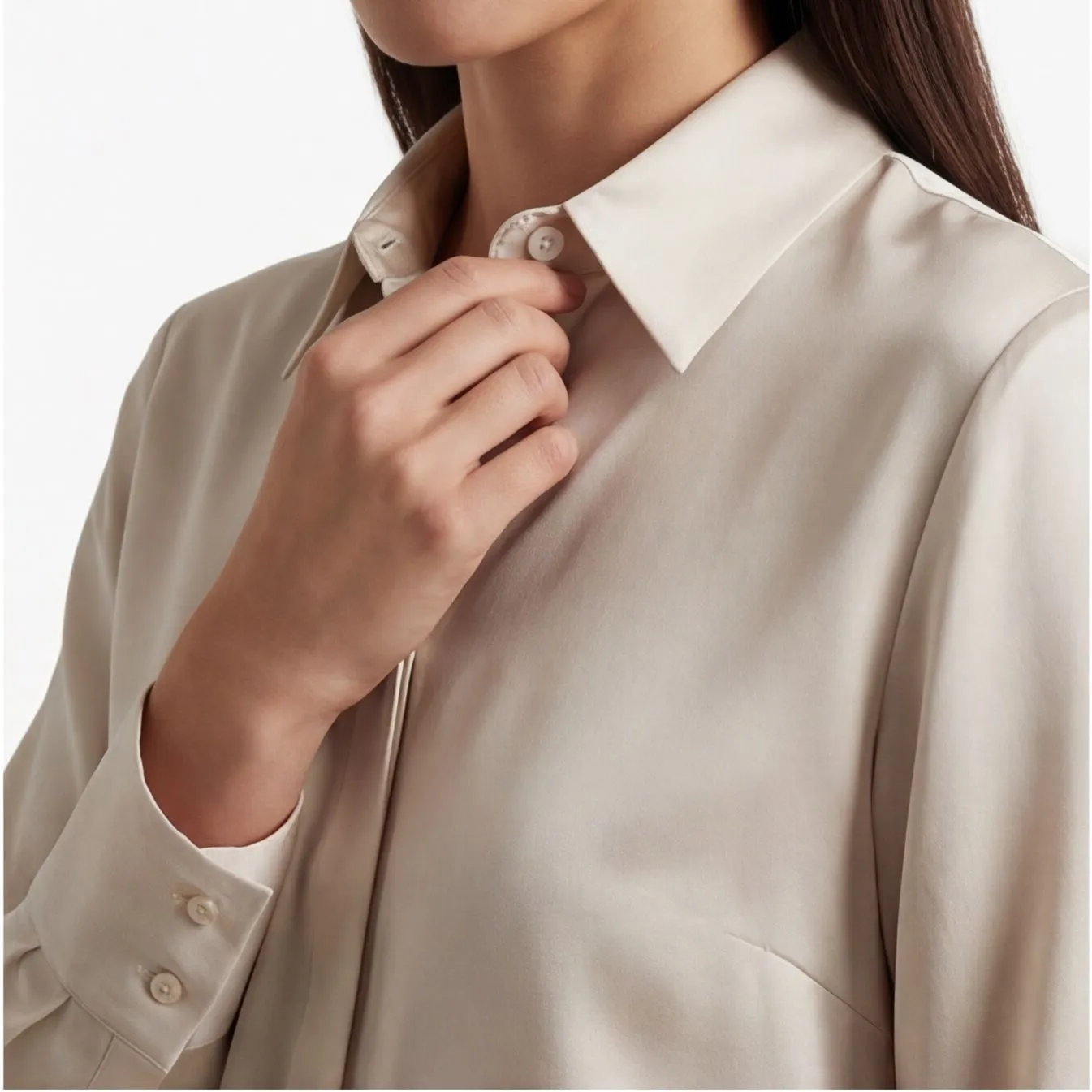 Cream satin button-up blouse collar detail, consistent catalog styling