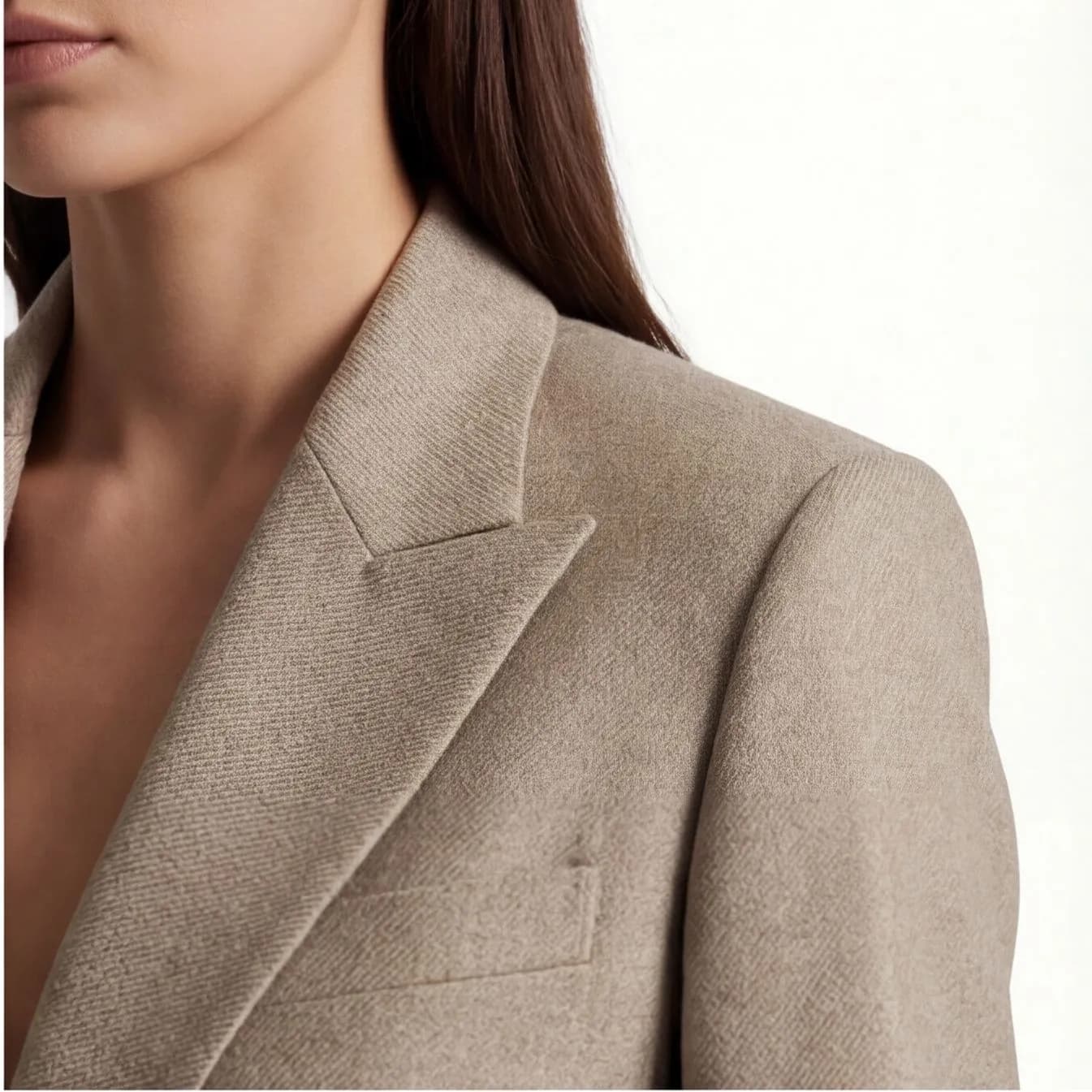 Linen blazer shoulder and lapel detail, consistent catalog styling
