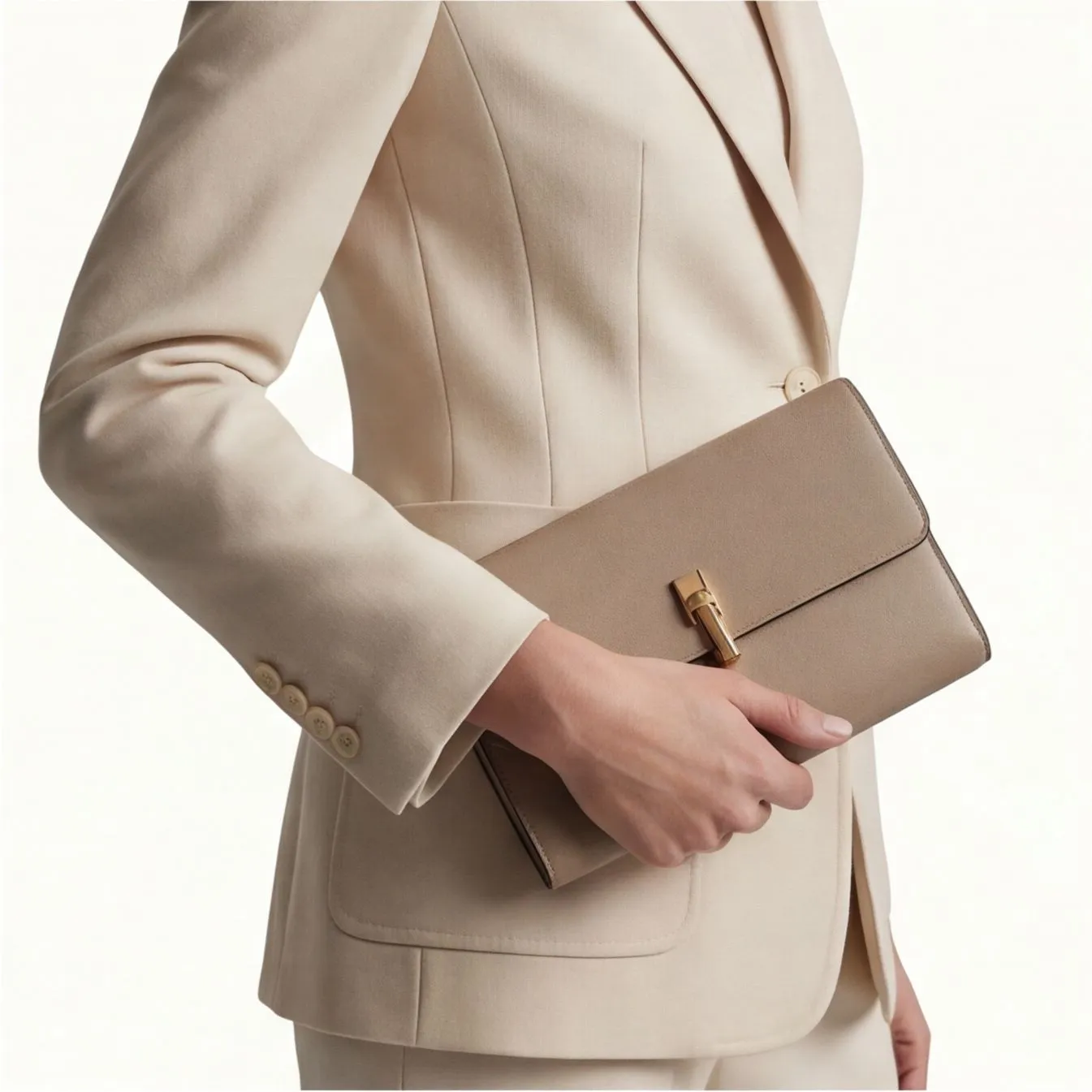 Taupe leather clutch held with cream blazer, consistent catalog styling