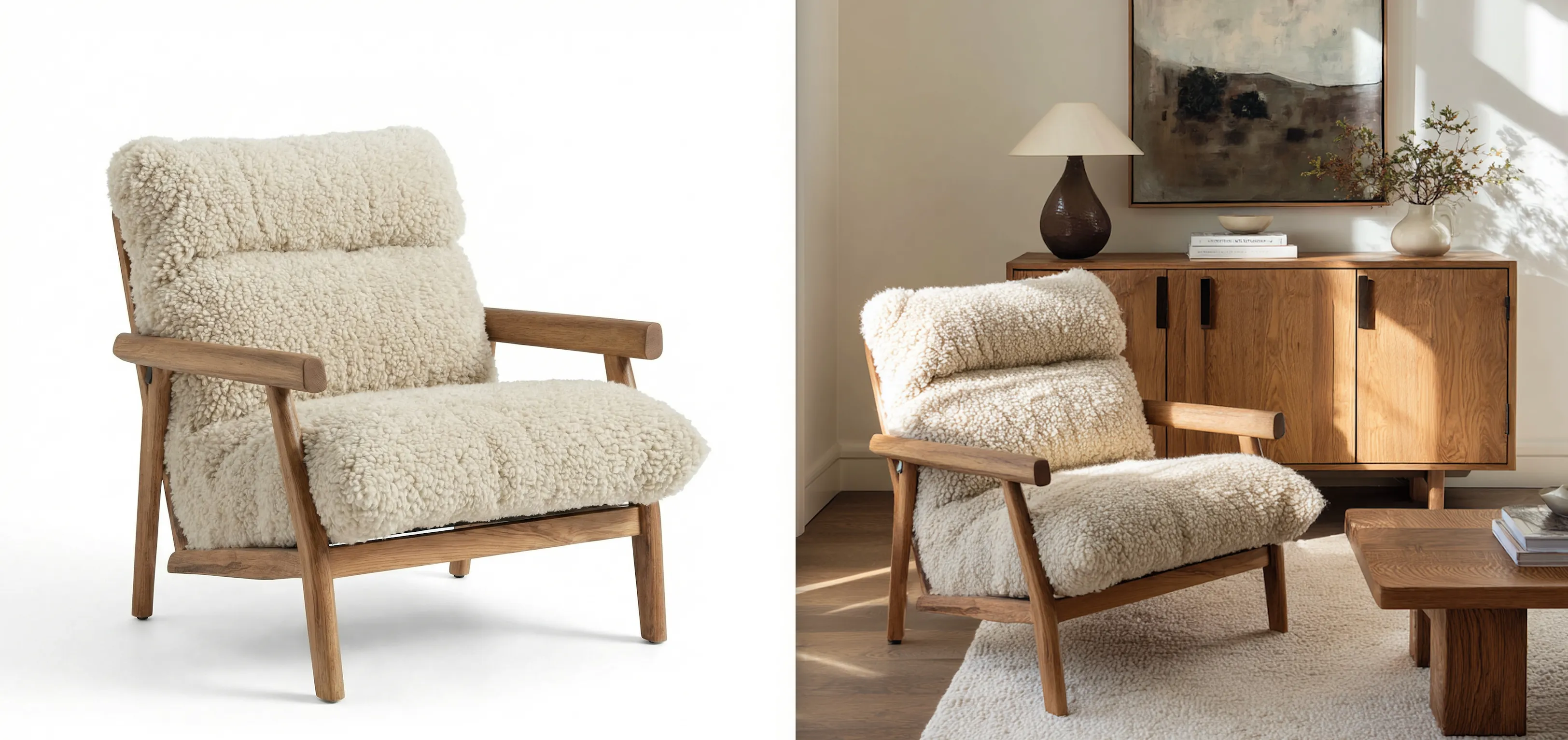 Screenshot of comparison: A plain white-background photo of a chair vs. the same chair sitting realistically in a sunny living room