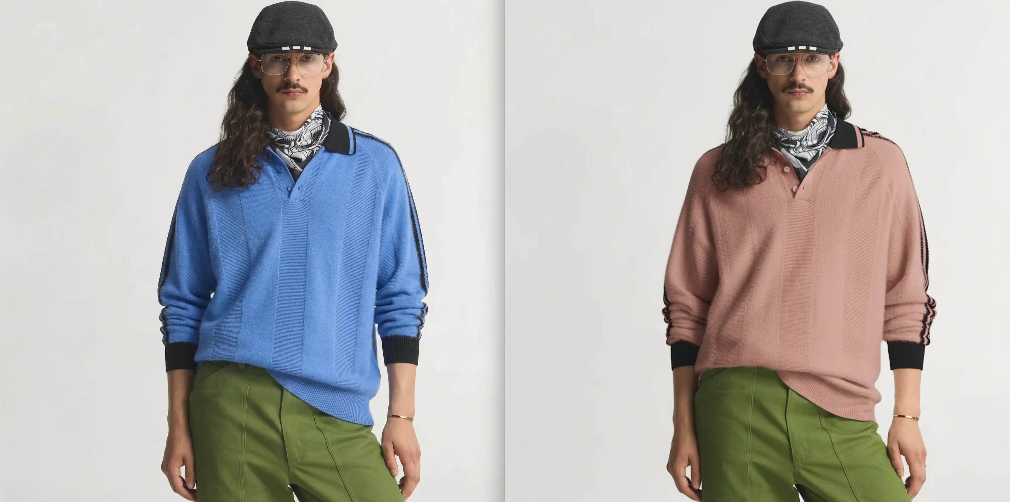 Screenshot showing two new images identical to the one in the image above, but the color of the sweater the model is wearing is now displayed in blue and pink instead of the original color, showing preserved lighting and texture