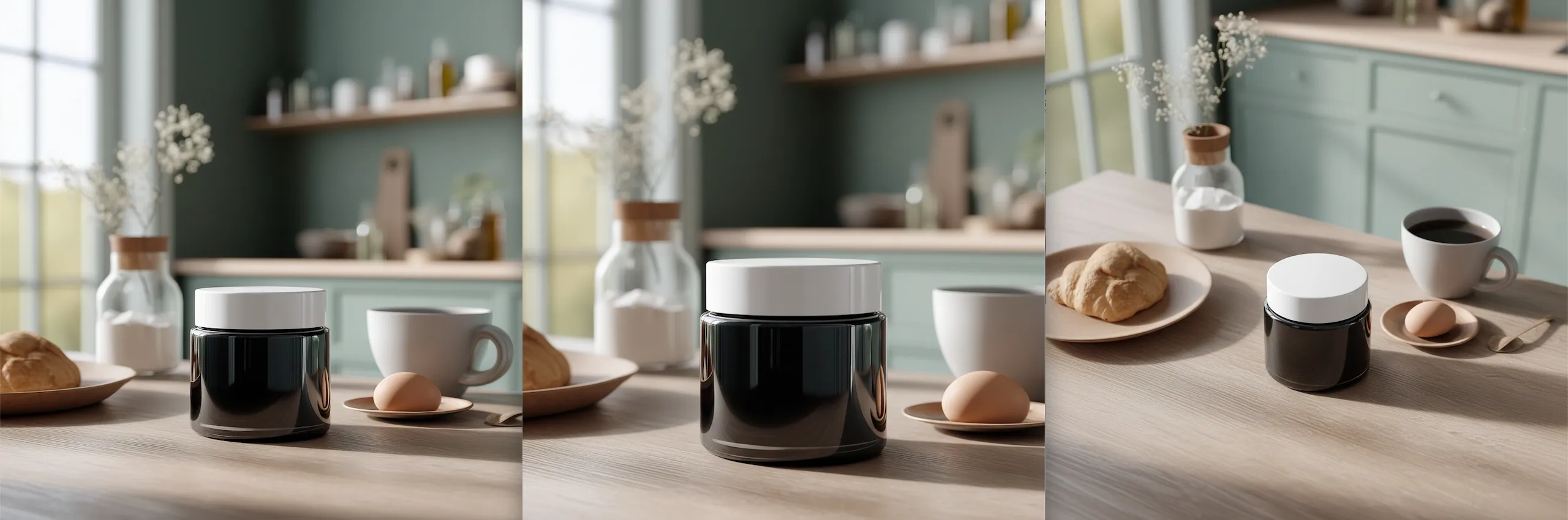 Screenshot of comparison image: One main product photo on the left, and 3 generated variations (side, zoom-in, overhead) on the right, showing the exact same product