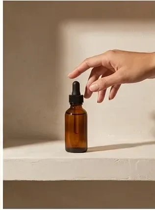 Hand reaching for amber bottle