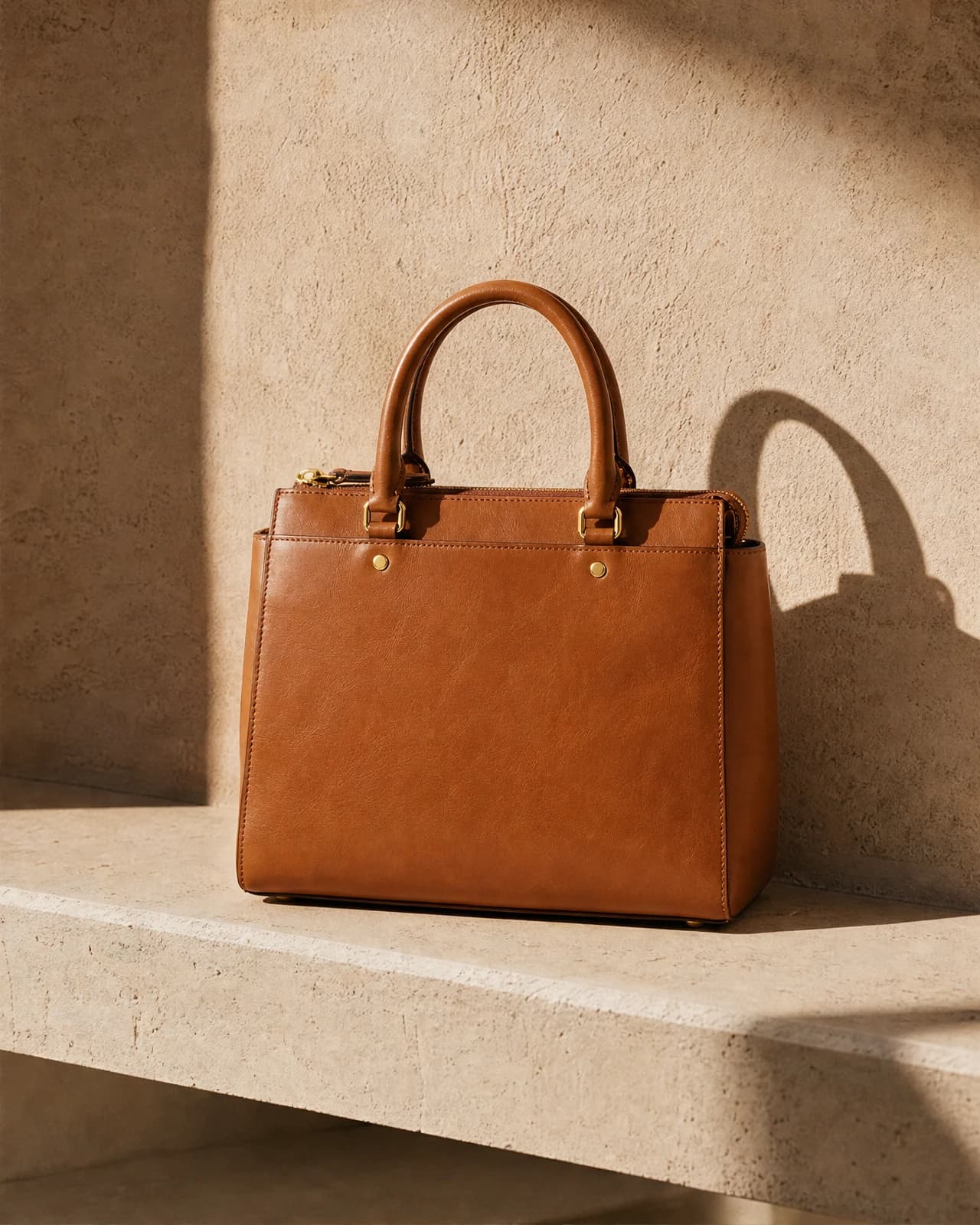 The same tan leather handbag on a travertine ledge in warm daylight.