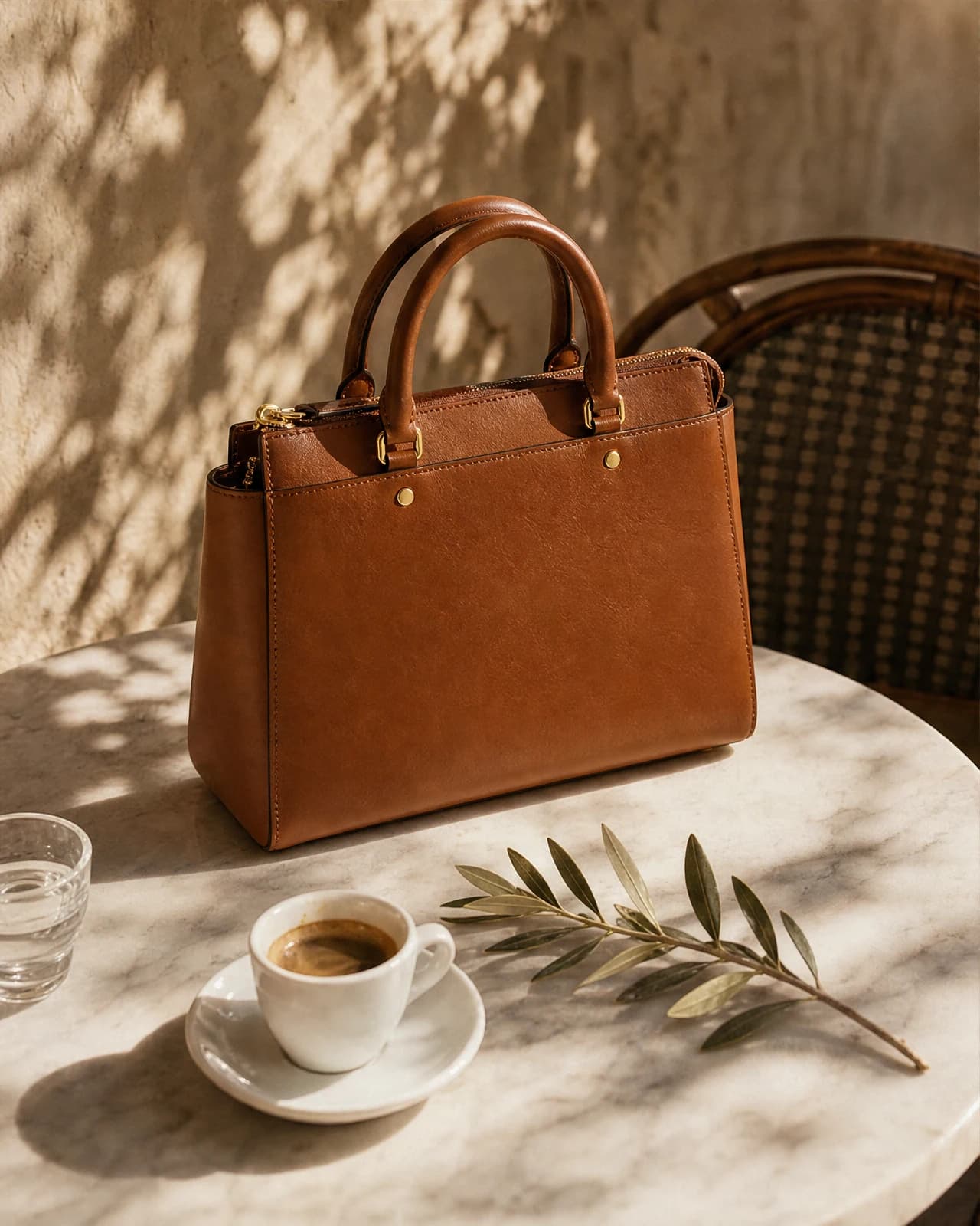 The tan leather handbag styled on a marble cafe table with an espresso and an olive sprig.