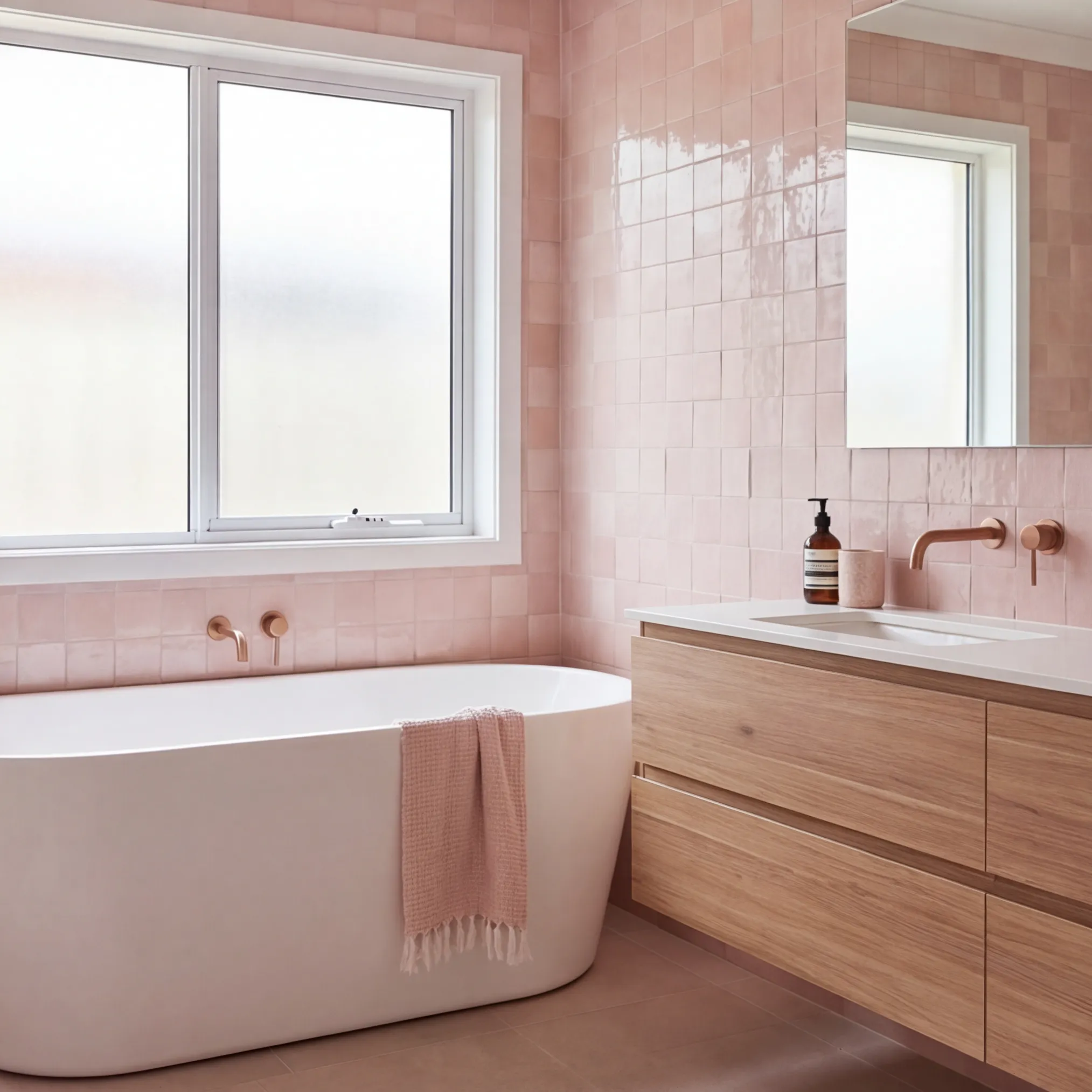 AI product placement showing a scene in a pink-tiled modern bathroom