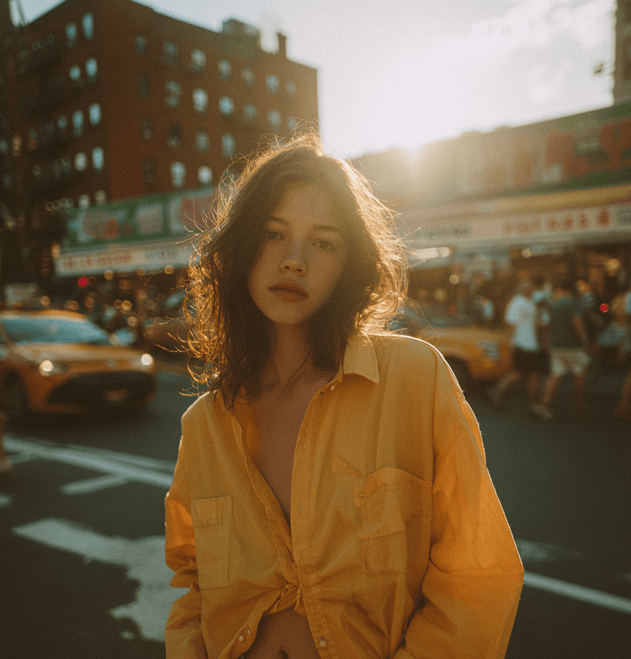 An AI generated image of a woman posing in a street under the sun. The image looks like it was shot with an iphone, its very realistic and lifelike.