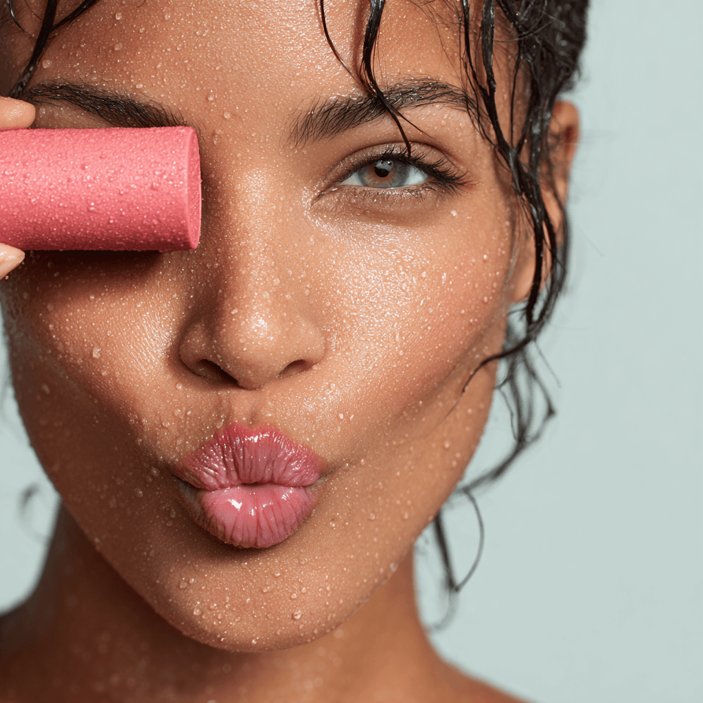 An AI generated close up of a face of a woman covered in water droplets. She is holding a product next to her face. Her lips, eyes, eyebrows, etc are perfectly detailed, it is impossible to tell that this is AI.