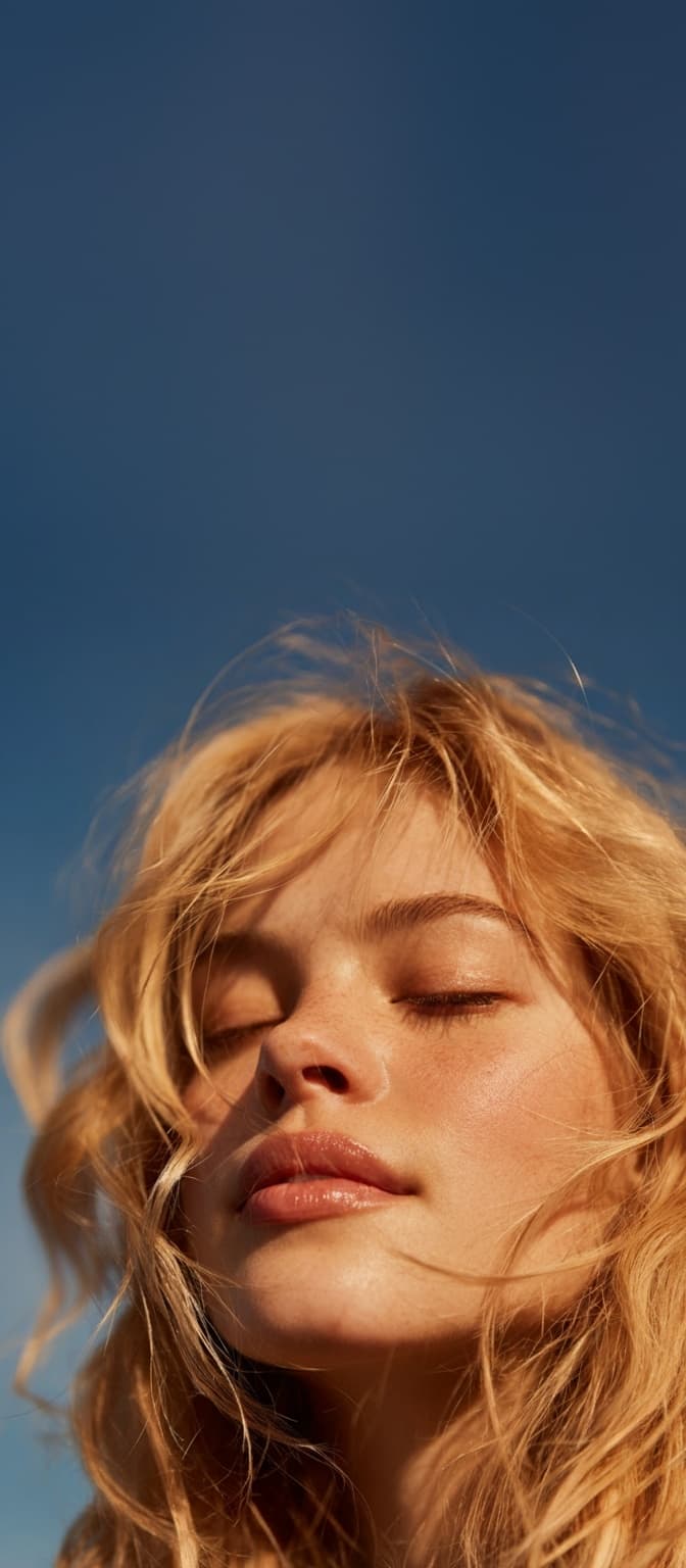 An incredibly photorealistic and aesthetic image of a woman closing her eyes and looking up, against the backdrop of blue sky. The image is 100% AI but it is impossible to tell.