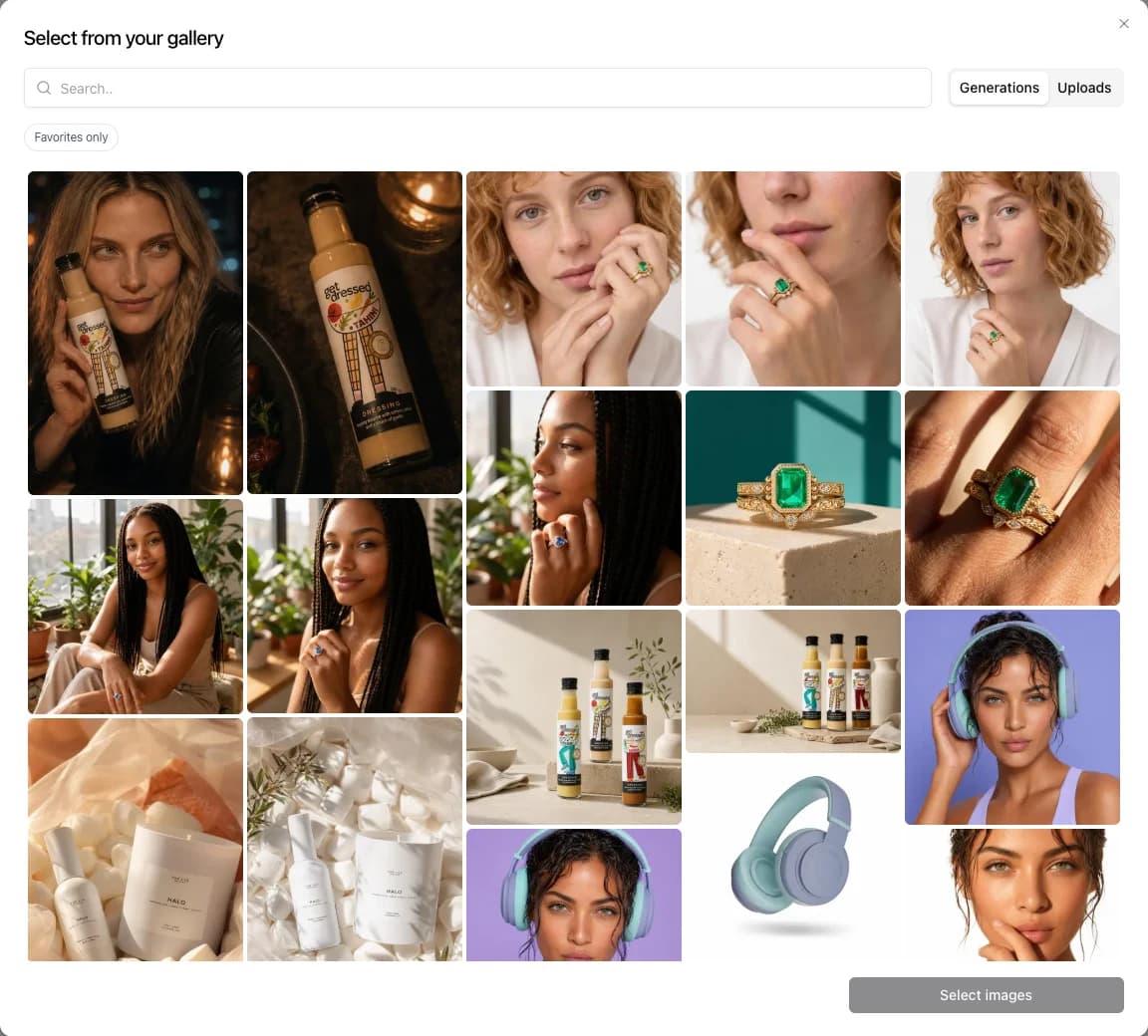 Nightjar create workflow gallery selector showing generated product and model images available as product inputs