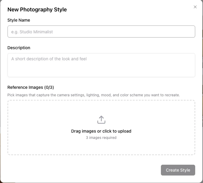 Nightjar New Photography Style dialog with fields for a style name, description, and reference image uploads