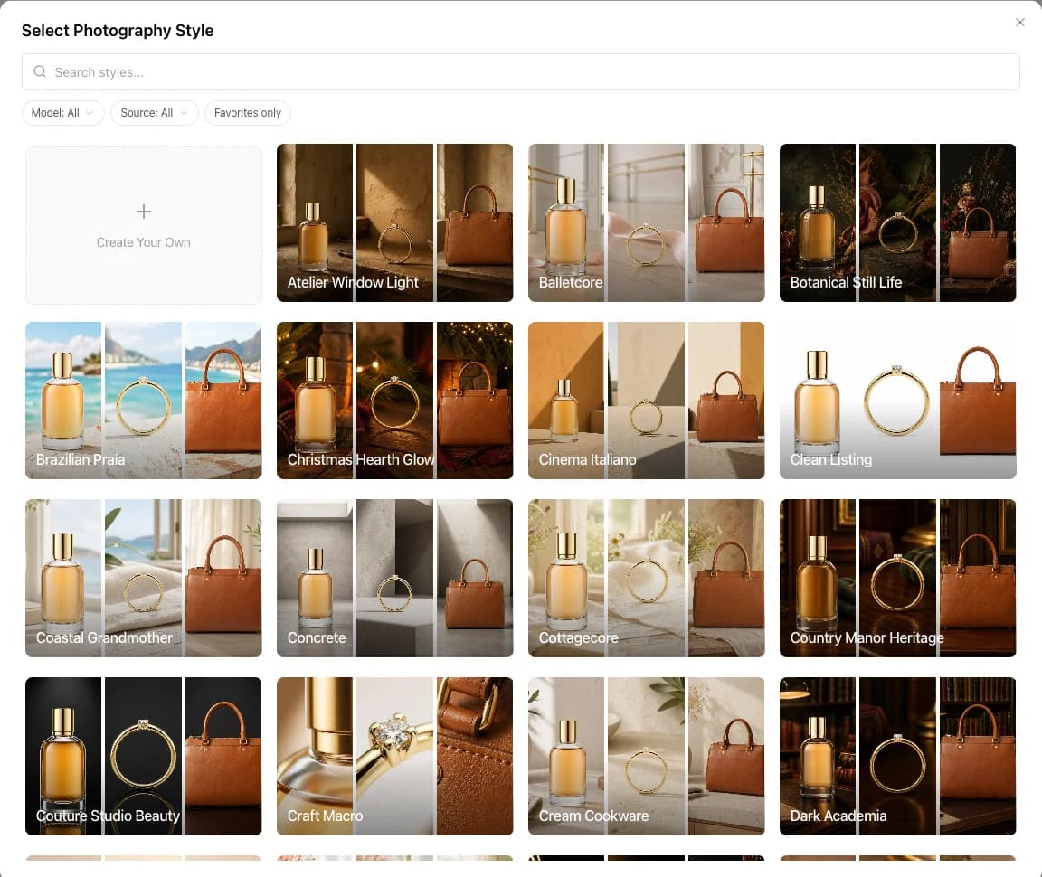 Nightjar Photography Style selection dialog showing search, filters, Create New, and a grid of reusable style cards