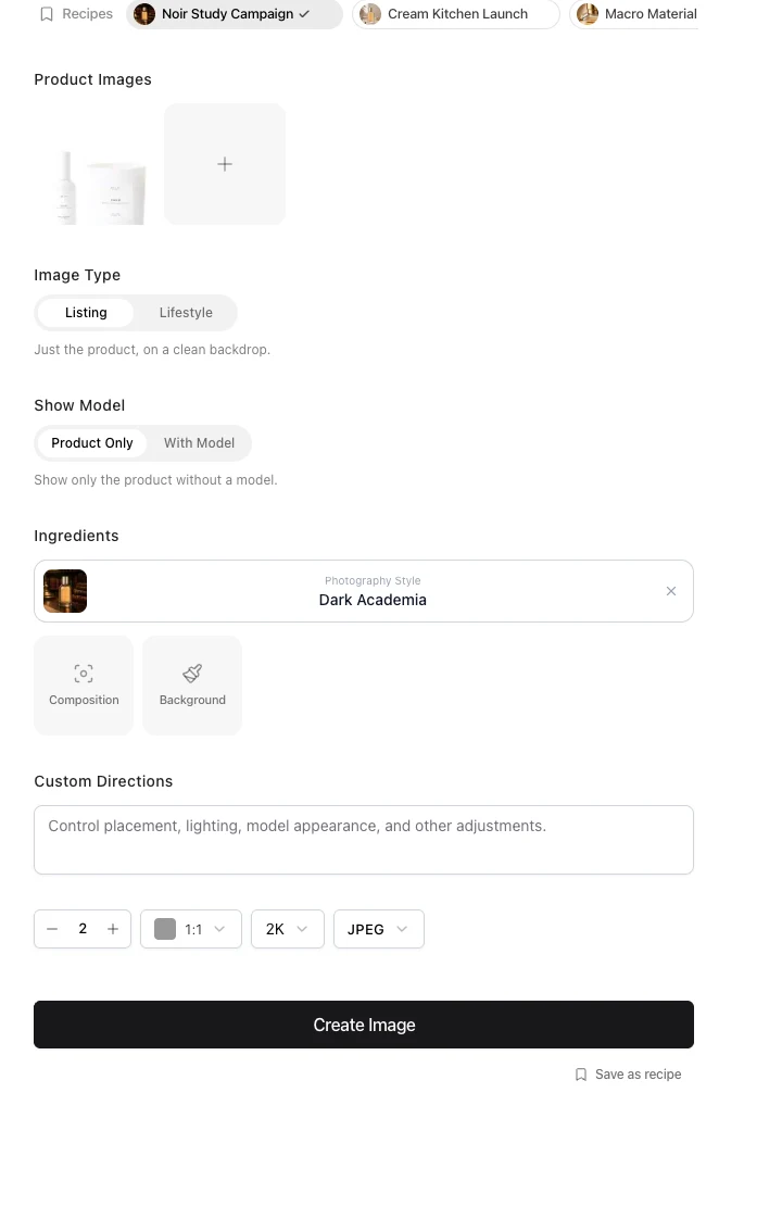 Nightjar Create tab configured for a product-only listing image with a Clean Listing photography style, 3/4 view composition, Sage background, and output settings