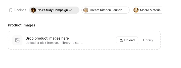 Nightjar Create tab starting state with a product image drop zone, Upload button, and Library picker