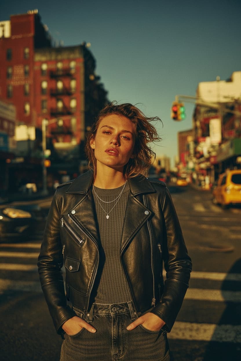 A slider that helps the user compare before and after images after being edited with nightjar. On the left side, there is a woman standing in a street and wearing a white hoodie. On the right side, there is the AI generated image which shows the exact same woman, standing in the same pose and in the same street, but the only difference is that now she is seamlessly wearing a leather jacket that looks 100% real and natural. - After transformation