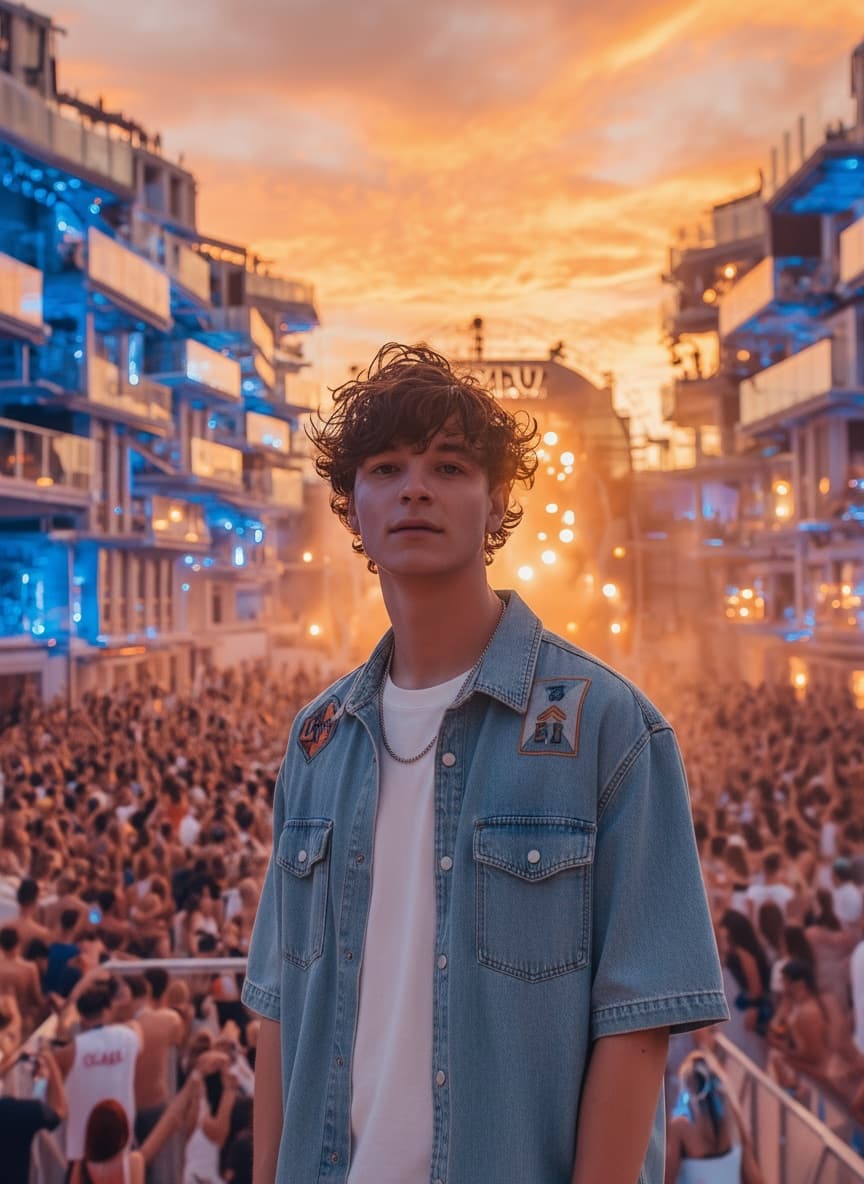 A slider that helps the user compare before and after images after being edited with nightjar. On the left side, there is a man standing on a high plce with a lot of crowd behind him. He is wearing a white tshirt with a denim light jacket. On the right side, there is the AI generated image which shows the exact same man, standing in the same pose and in the same scene, but the only difference is that now he is seamlessly wearing a a different stylish t-shirt that looks natural. This shows the incredible capabilities of the multi-image editor of nightjar. - Before transformation