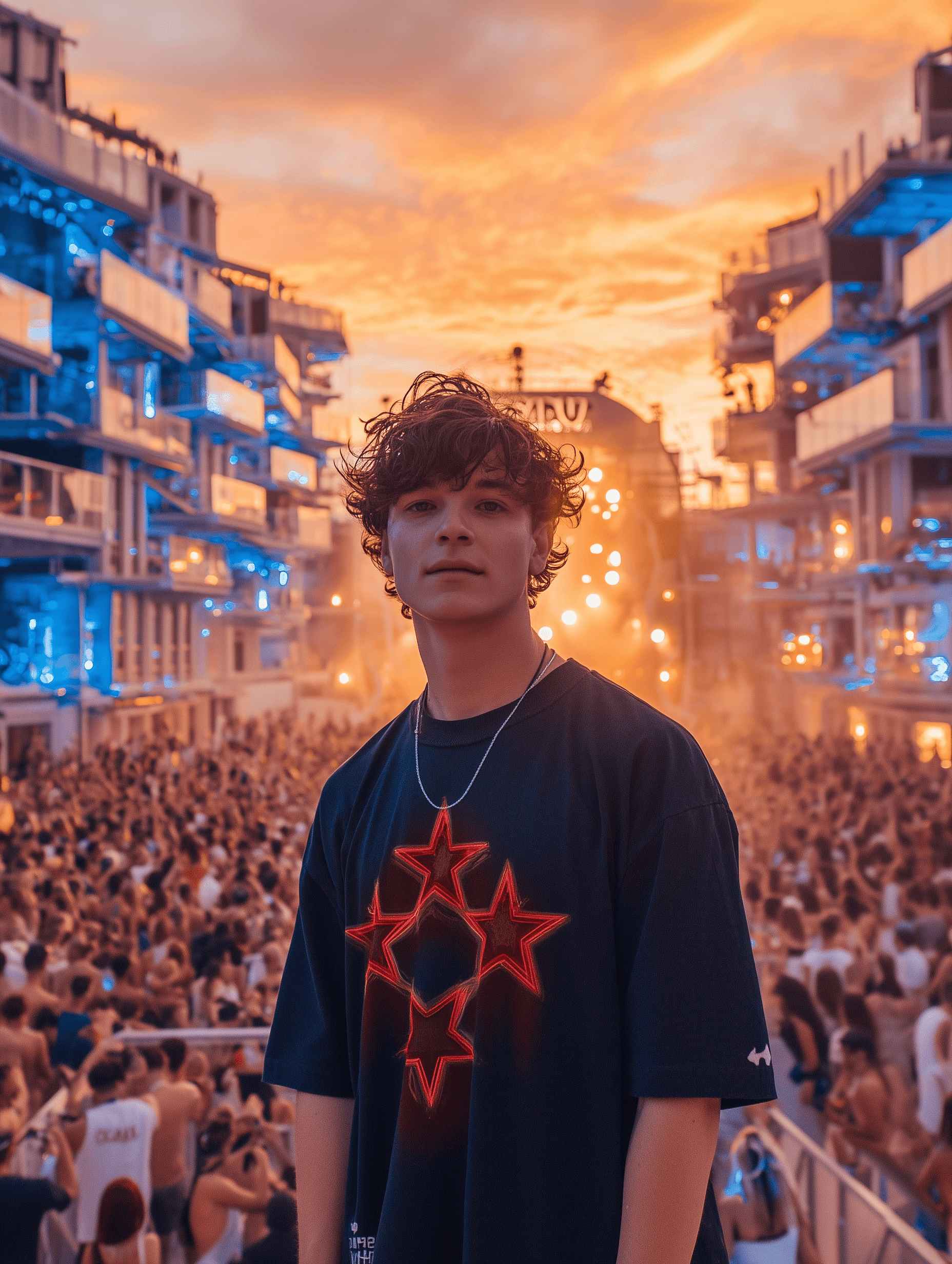 A slider that helps the user compare before and after images after being edited with nightjar. On the left side, there is a man standing on a high plce with a lot of crowd behind him. He is wearing a white tshirt with a denim light jacket. On the right side, there is the AI generated image which shows the exact same man, standing in the same pose and in the same scene, but the only difference is that now he is seamlessly wearing a a different stylish t-shirt that looks natural. This shows the incredible capabilities of the multi-image editor of nightjar. - After transformation