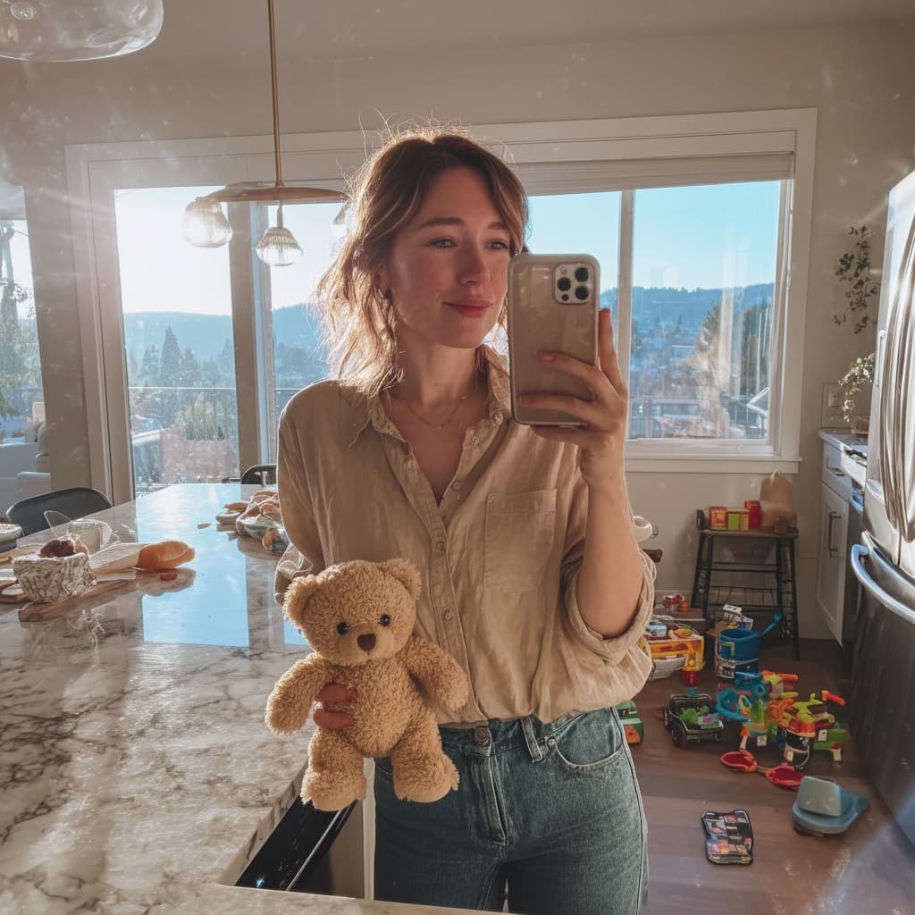 A before and after comparison, in the before image, there is a woman standing in her house and taking a selfie while holding a cup in her hand. in the after image, the cup has been seamlessly changed into a teddy bear. This demonstrates the ability of the image editor of nightjar to change anything in the image using english only. - After transformation