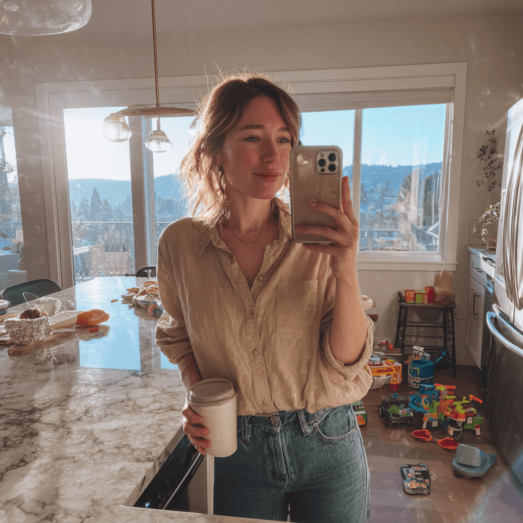 A before and after comparison, in the before image, there is a woman standing in her house and taking a selfie while holding a cup in her hand. in the after image, the cup has been seamlessly changed into a teddy bear. This demonstrates the ability of the image editor of nightjar to change anything in the image using english only. - Before transformation