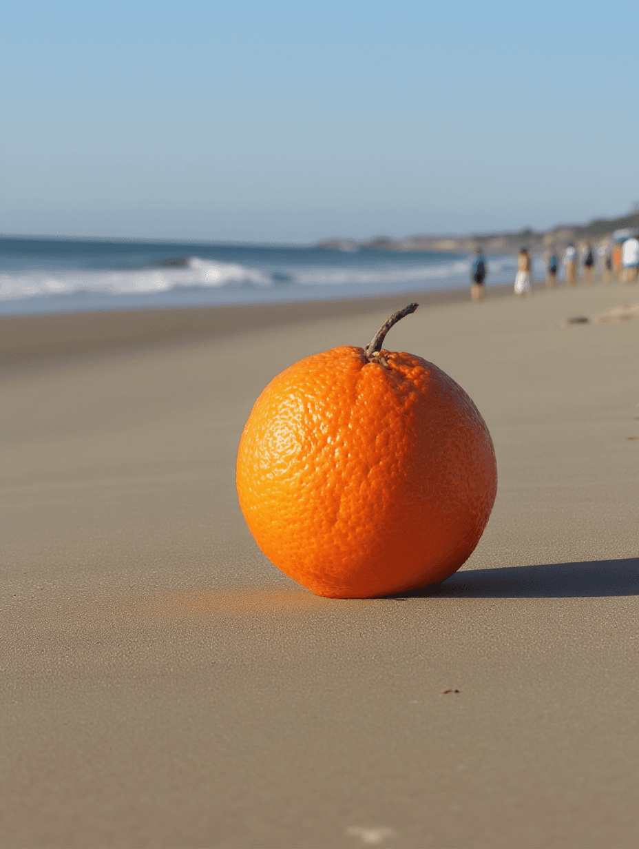 A before and after comparison, in the before image, there is an orange on a table, in the after image, that orange has been seamlessly transported to a beach using AI. There is a shadow for the orange on the sand of the beach, it is impossible to tell it is AI. - After transformation