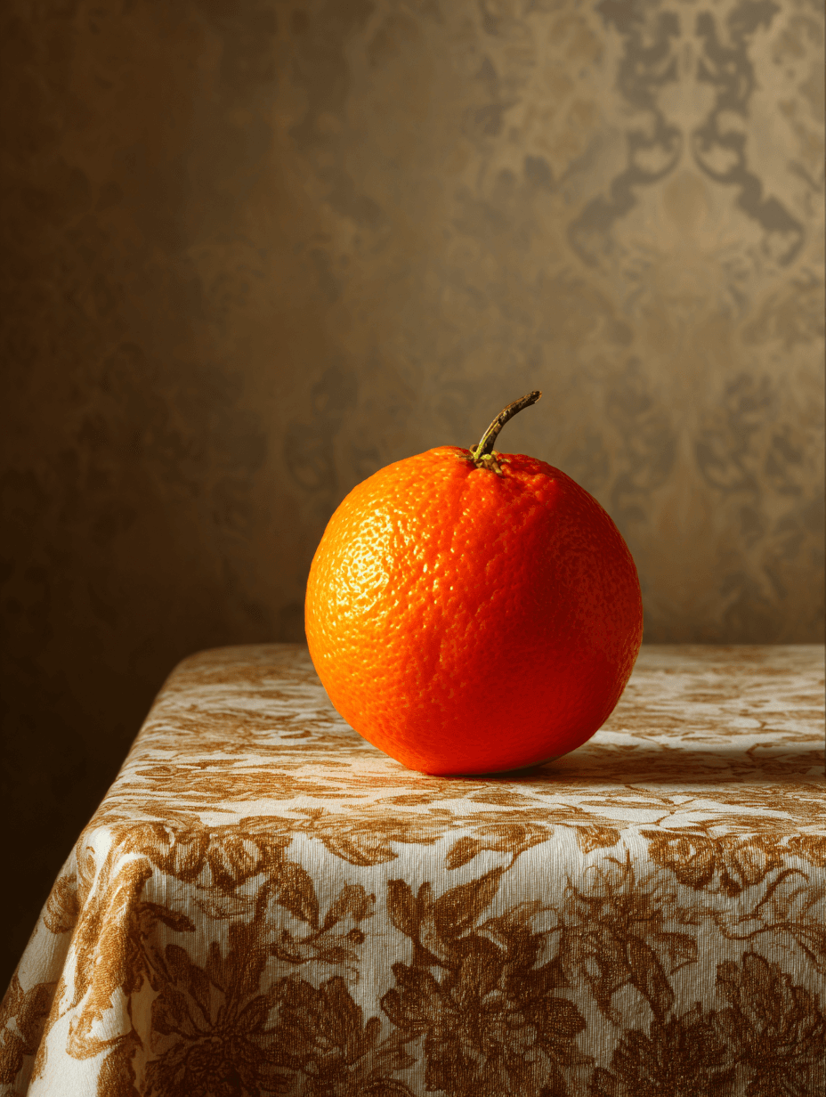 A before and after comparison, in the before image, there is an orange on a table, in the after image, that orange has been seamlessly transported to a beach using AI. There is a shadow for the orange on the sand of the beach, it is impossible to tell it is AI. - Before transformation