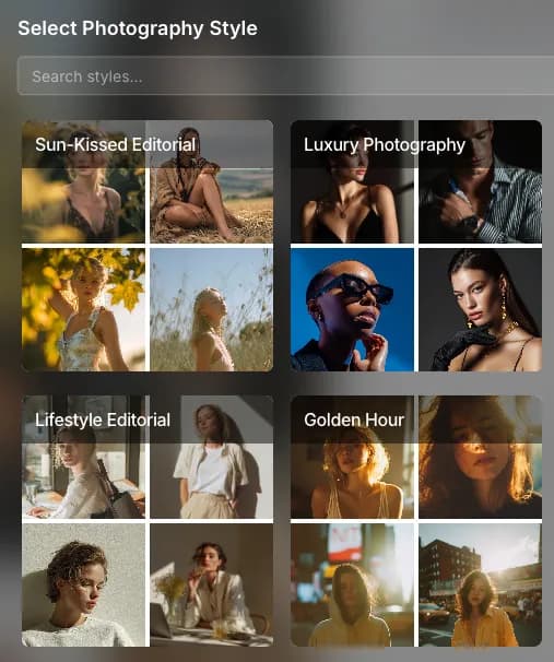 Screenshot of the style selection grid highlighting 'Luxury Photography' or 'Lifestyle Editorial' options
