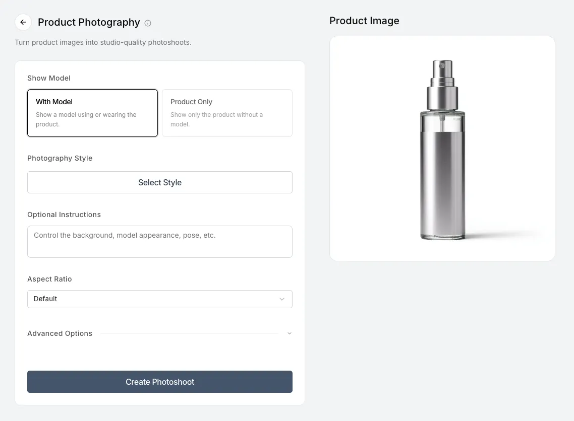 Screenshot of the 'Product Photography' settings panel showing the 'Select Style' button and other options like 'Aspect Ratio'