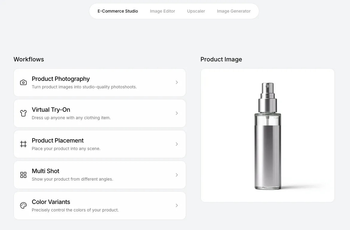 Screenshot of the different workflow options inside Nightjar, with Product Photography being one of them