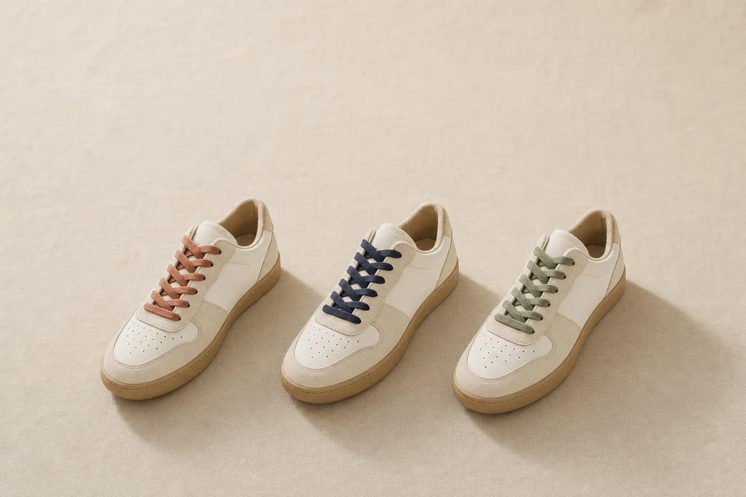 Three identical sneakers at a diagonal, only the laces in different muted colors.