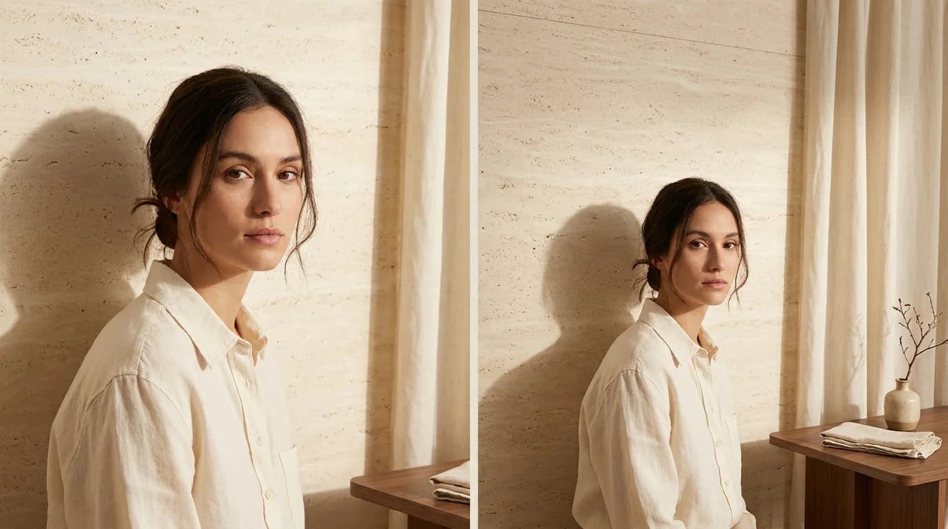 A wide cinematic scene of a woman in cream linen: a tight head-and-shoulders crop on the left, the same shot pulled back to reveal the curtain, side table, and surrounding environment on the right.