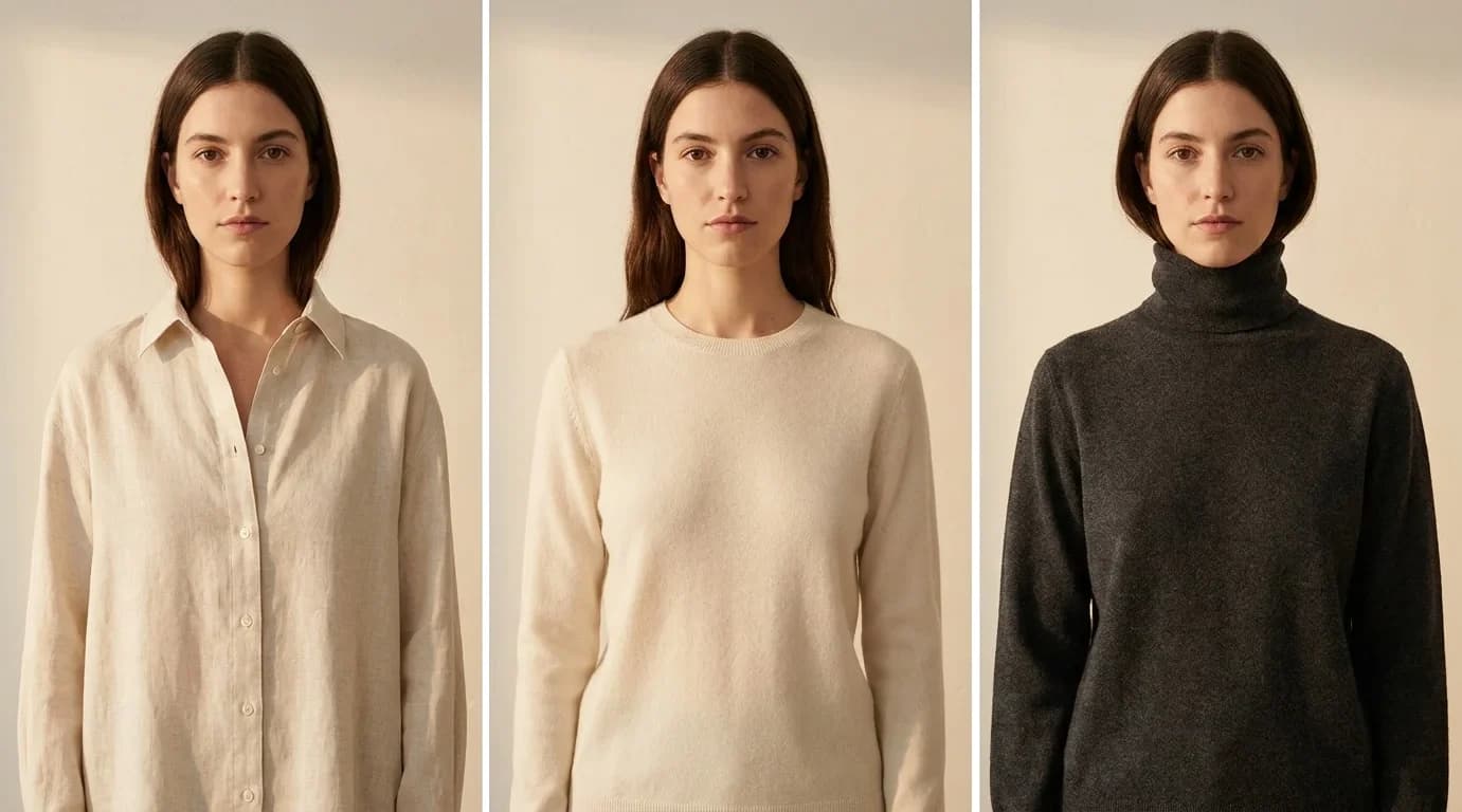 The same model in three identical photographs, only the garment changes between frames.